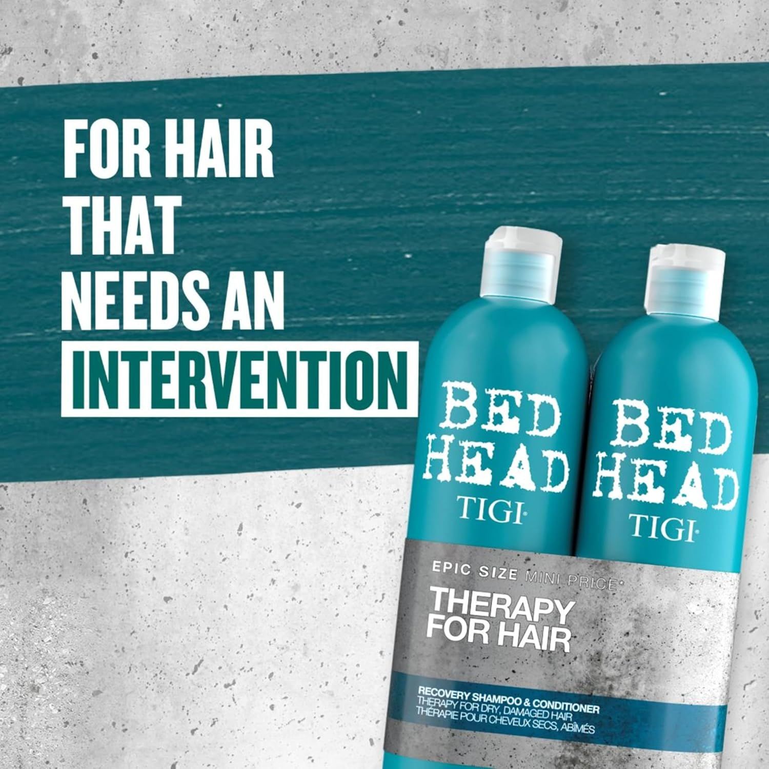 Zwei blaue Flaschen mit weißem Aufdruck. Text: Bed Head TIGI, Therapy for Hair. Epic Size. Für trockenes, geschädigtes Haar.