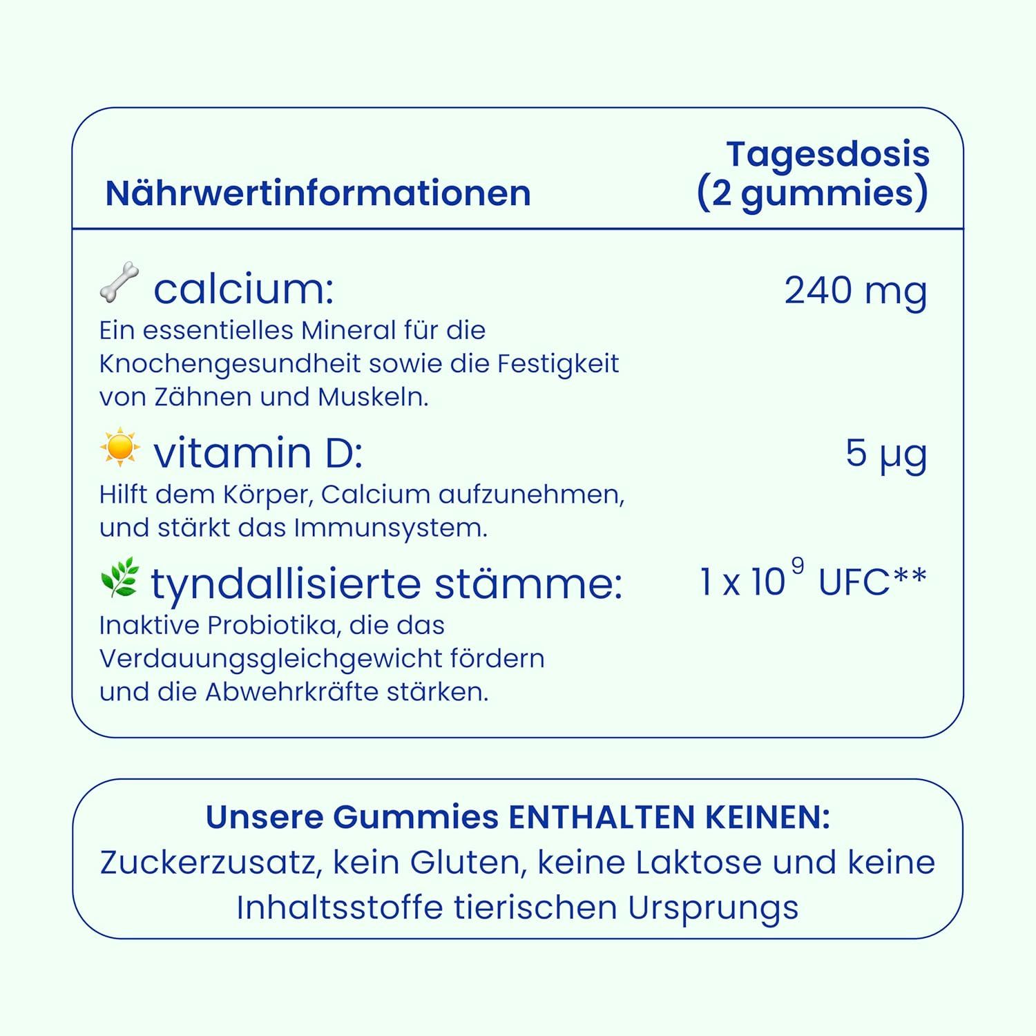 Nährwertinformationen: Calcium, Vitamin D, tyndallisierte Stämme. Enthält keinen Zucker, Gluten, Laktose und tierische Inhaltsstoffe.