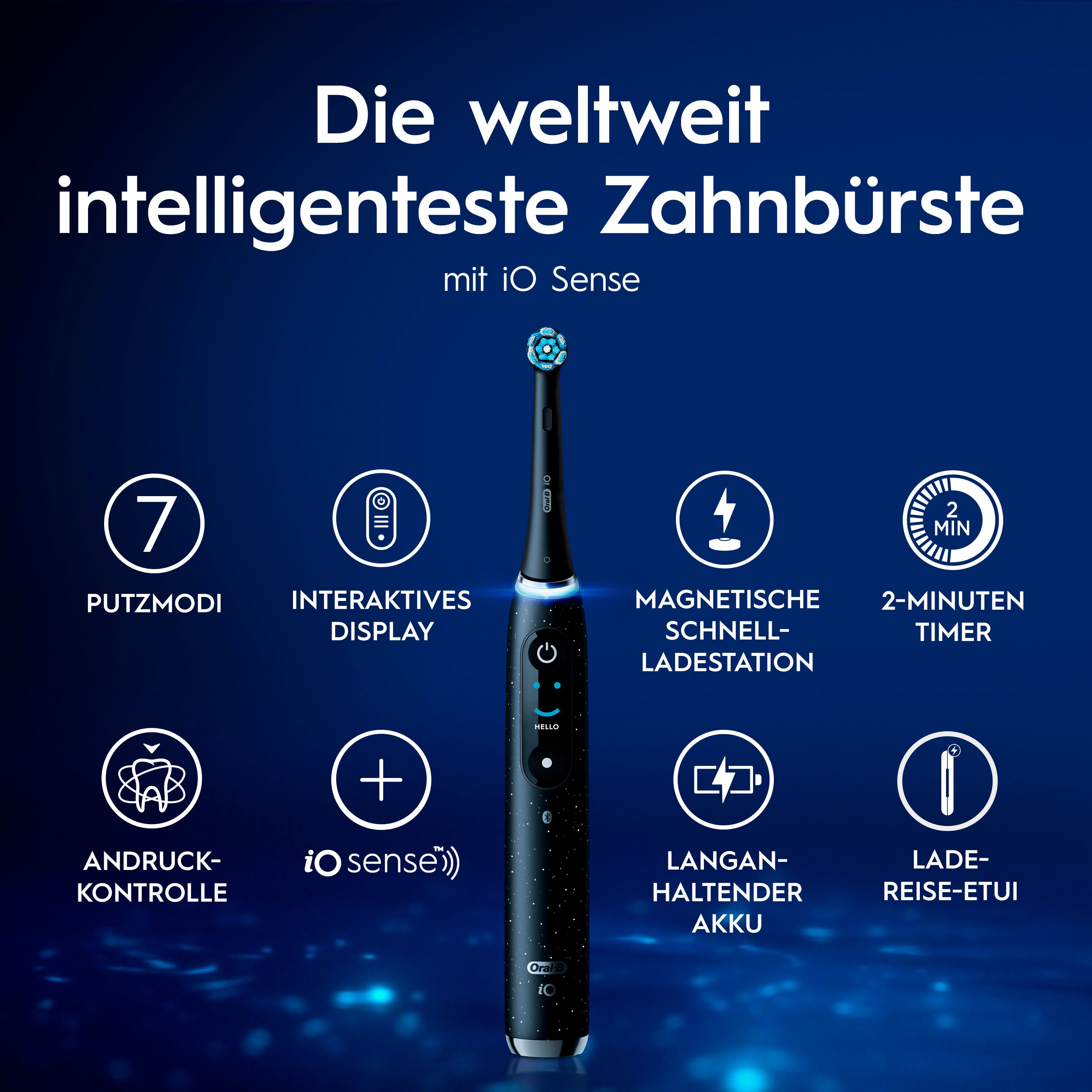 Grafik mit 7 Putzmodi, interaktivem Display, magnetischer Ladestation, 2-Minuten-Timer, Andruckkontrolle, iO sense und Reiseetui.
