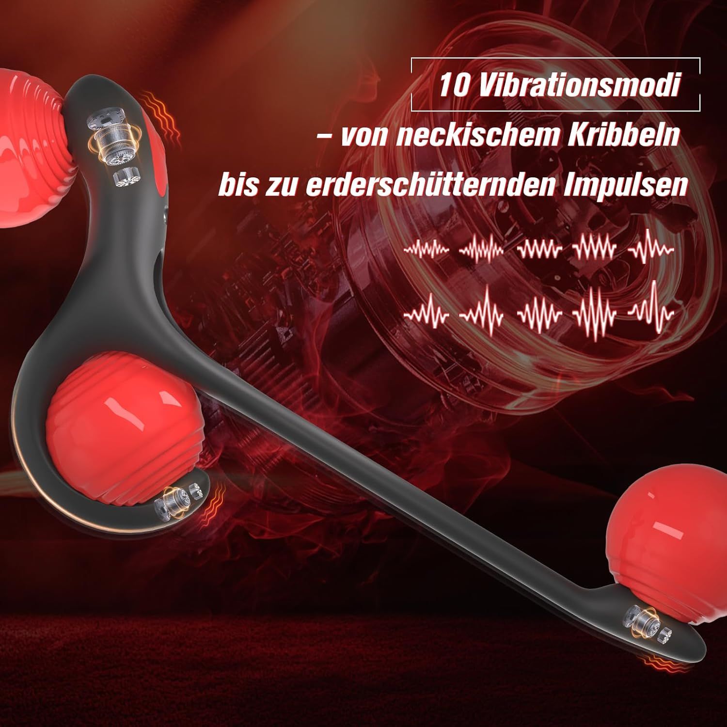 Schwarzes Gerät mit roten Kugeln. Text: 10 Vibrationsmodi. Wellenmuster. Produkt für Prostata- und Hodenstimulation.