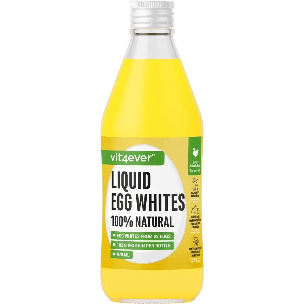 Glasflasche mit gelber Flüssigkeit. Aufkleber mit "vit4ever", "LIQUID EGG WHITES", "100% NATURAL". Enthält 102g Protein.