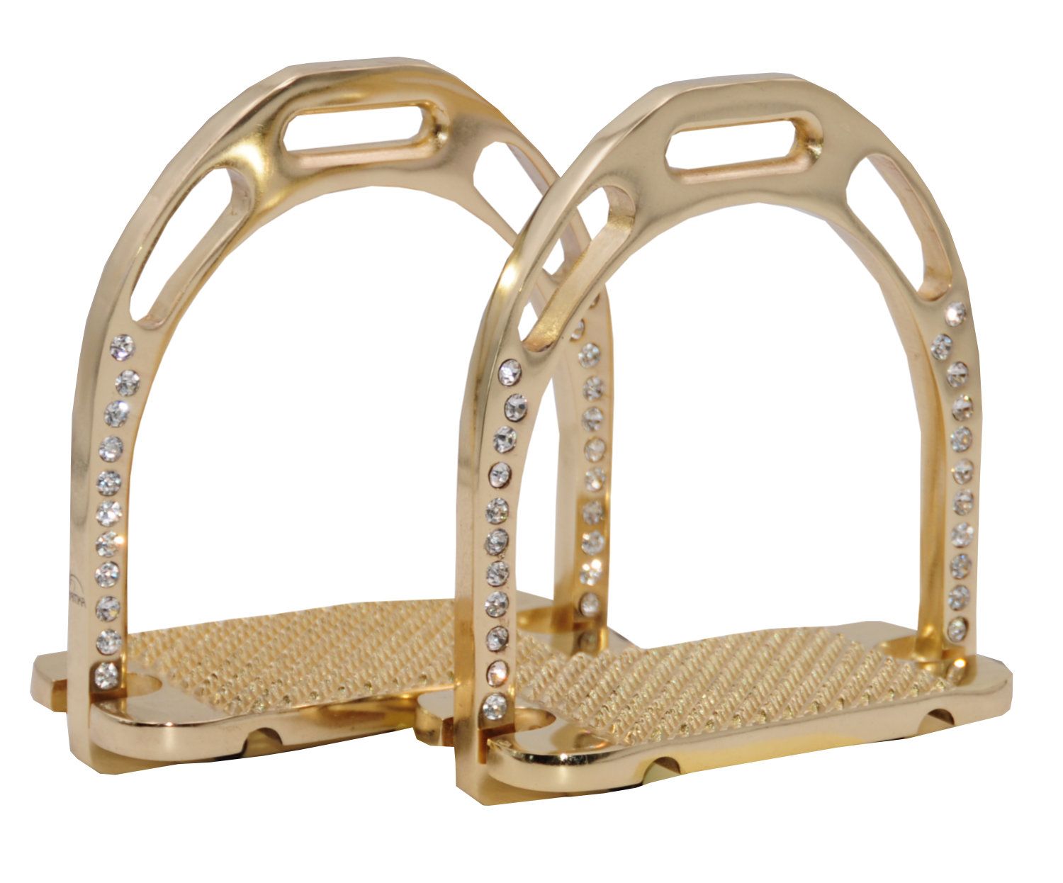 Zwei goldfarbene Steigbügel aus Aluminium. Mit Strasssteinchen besetzt. Geriffelte Trittfläche.