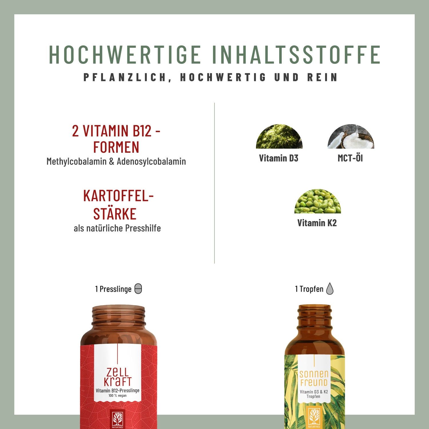 Infografik mit Produktabbildungen. Enthält Informationen zu Inhaltsstoffen und Dosierung von "Zellkraft" und "Sonnenfreund".