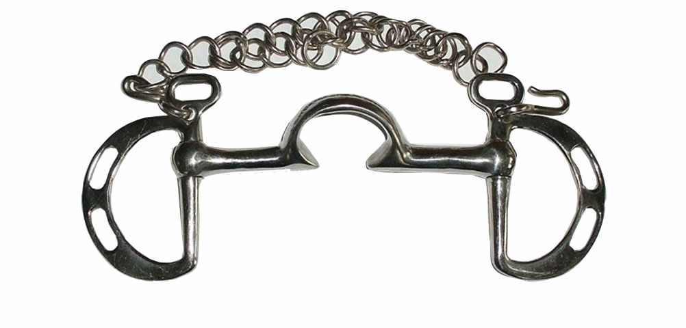 Metall-Springkandare mit Kettengliedern und D-Ringen. Detailansicht, freigestellt.