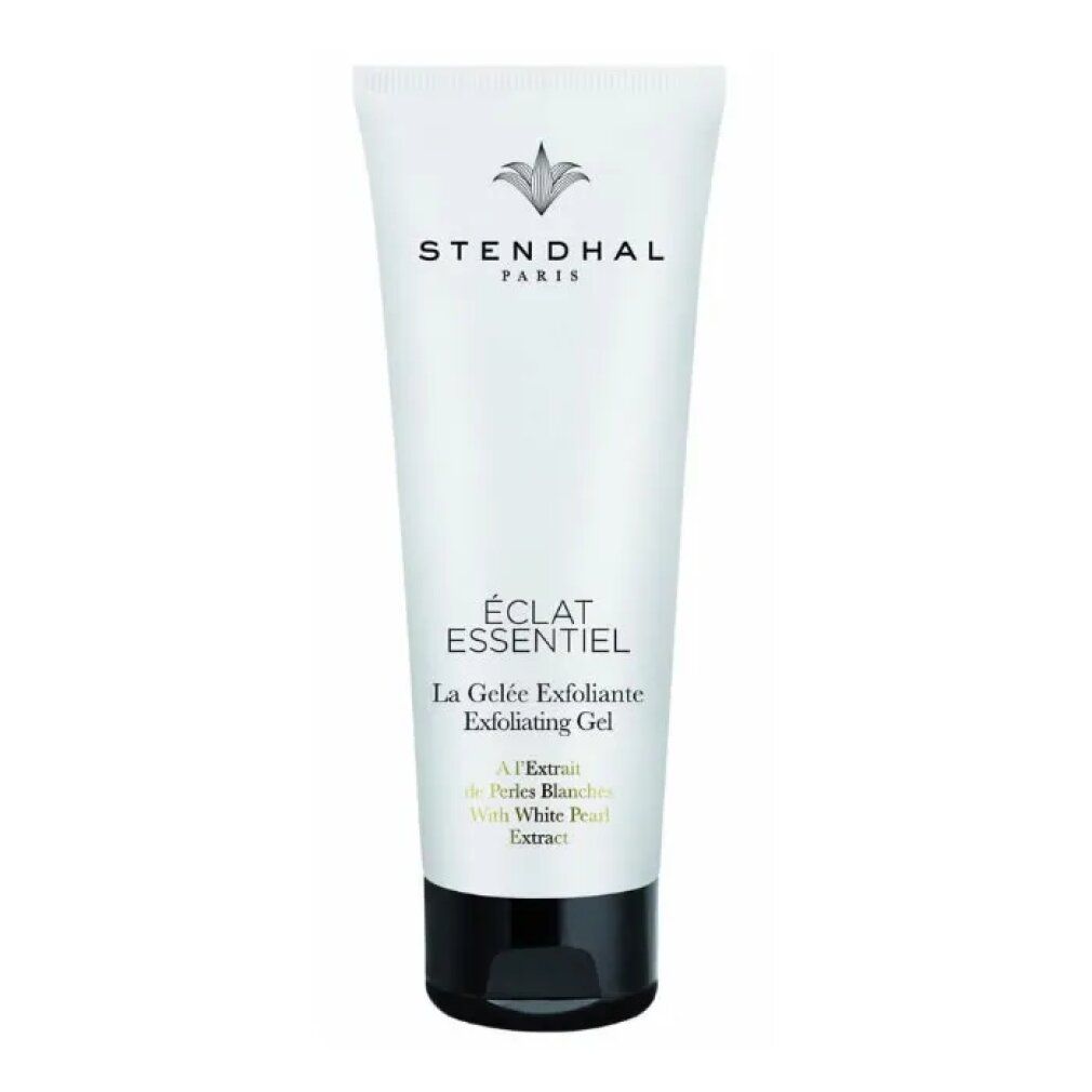 Weiße Tube mit schwarzem Deckel. Aufschrift: Stendhal Paris, Éclat Essentiel, La Gelée Exfoliante, Exfoliating Gel.