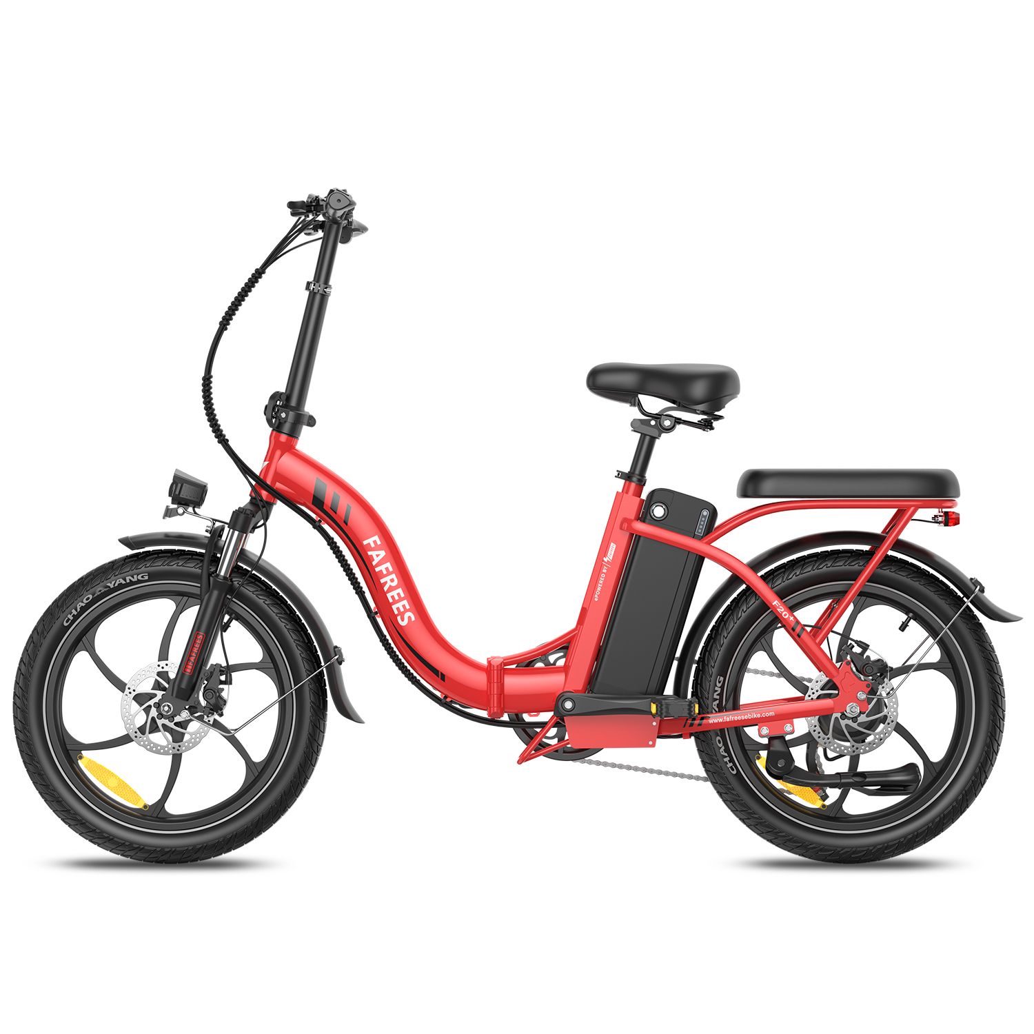 Rotes Fafrees F20+ Klapp-E-Bike. Schwarze Reifen, Sattel und Akku. Marke sichtbar.