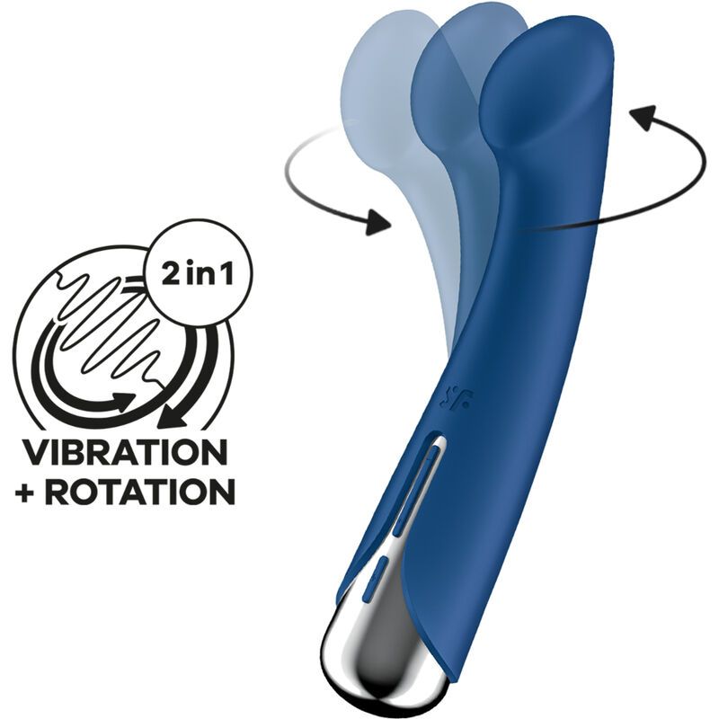 Blauer Vibrator mit silberfarbenem Ende. Animation zeigt Vibration und Rotation. SF-Logo.