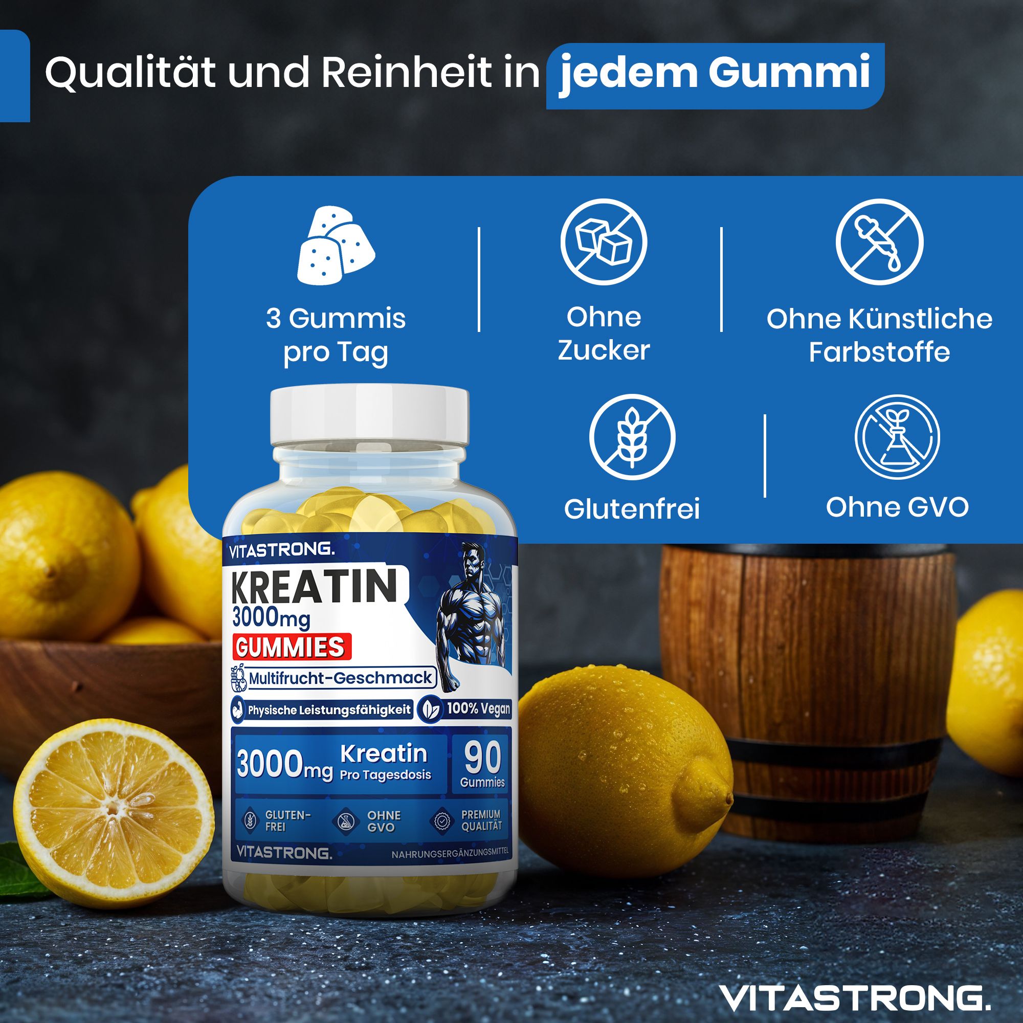Kreatin-Gummis in einer Flasche, umgeben von Zitronen. Text: 3 Gummis pro Tag, zuckerfrei, ohne künstliche Farbstoffe, glutenfrei, ohne GVO.