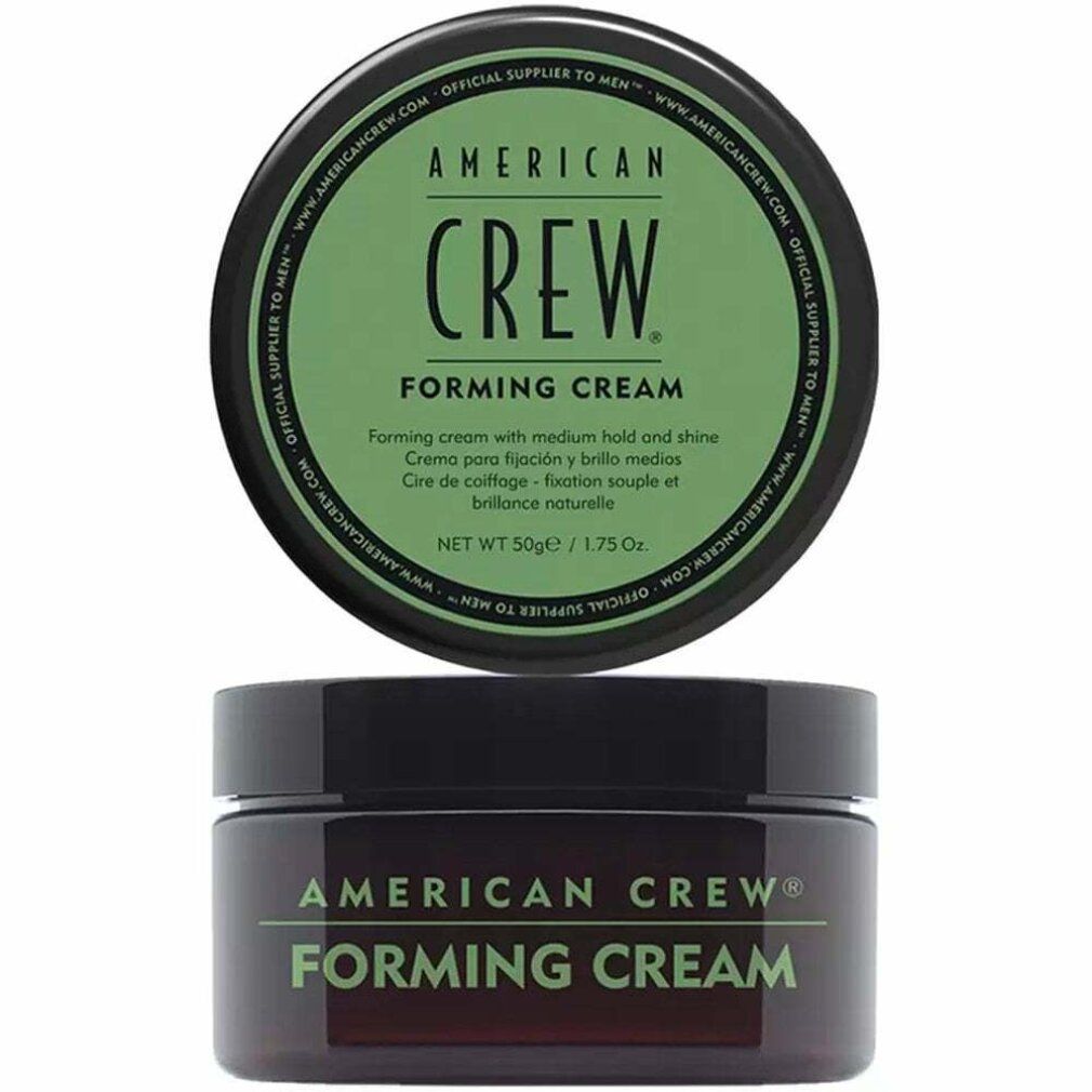 Dunkelbrauner Tiegel mit grünem Deckel. Aufschrift: American Crew Forming Cream. Deckel mit grünem Kreis und Schriftzug.