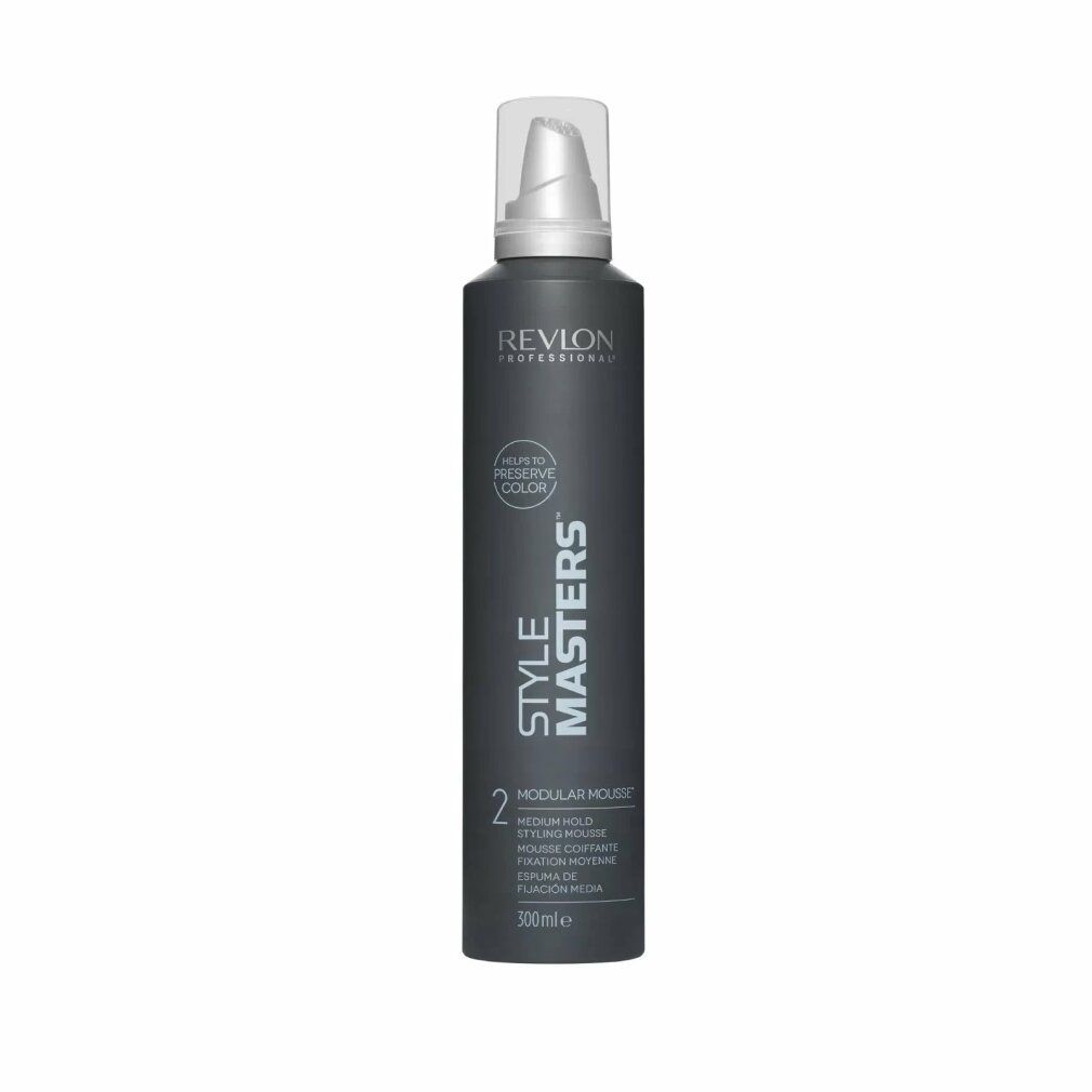 Revlon Style Masters Modular Mousse Flasche. Schwarz mit weißem Sprühkopf. Text: Style Masters, Modular Mousse, 300ml.