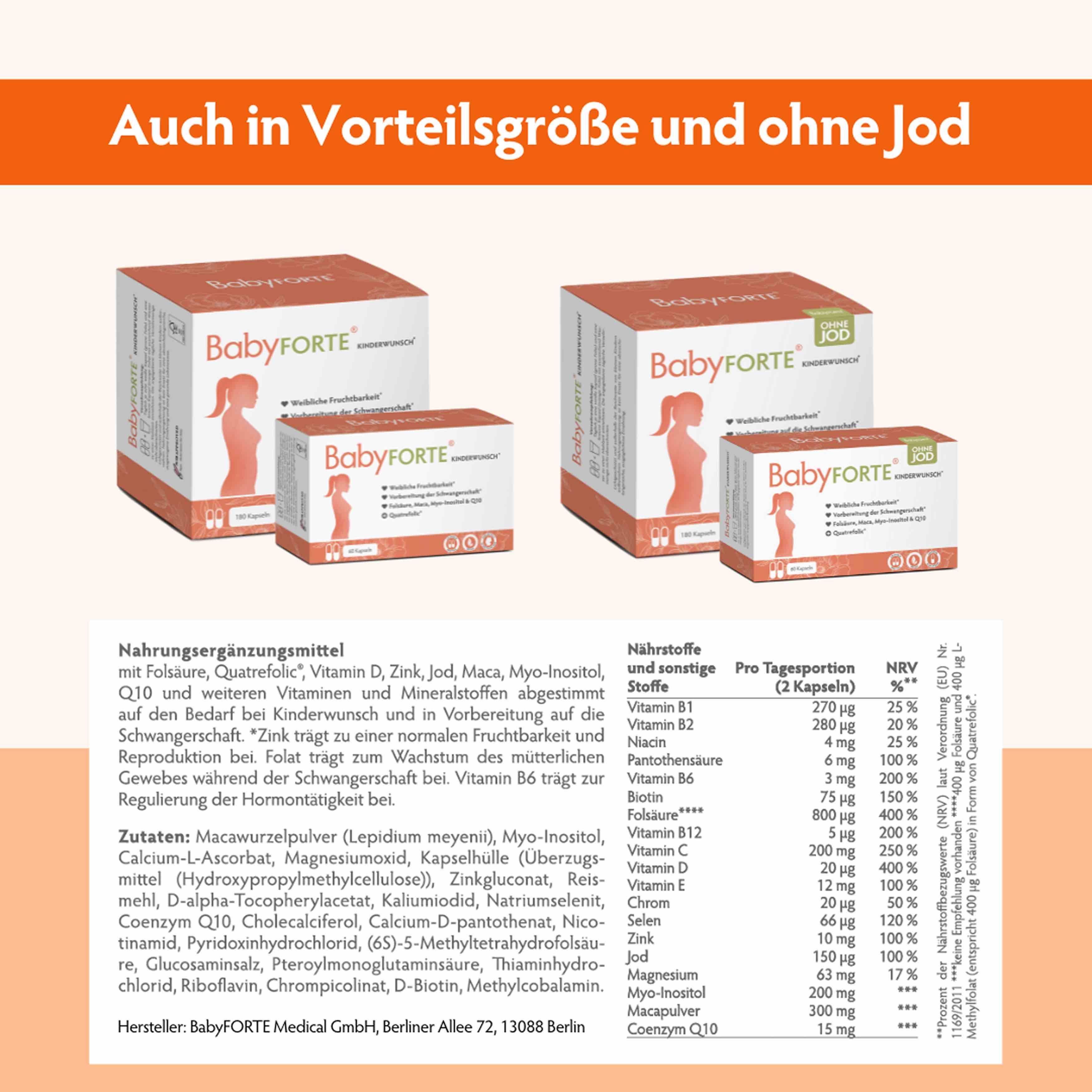 BabyFORTE Kinderwunsch Vitamine in verschiedenen Packungsgrößen. Text: Nahrungsergänzungsmittel, Inhaltsstoffe, Nährwerte. Ohne Jod.