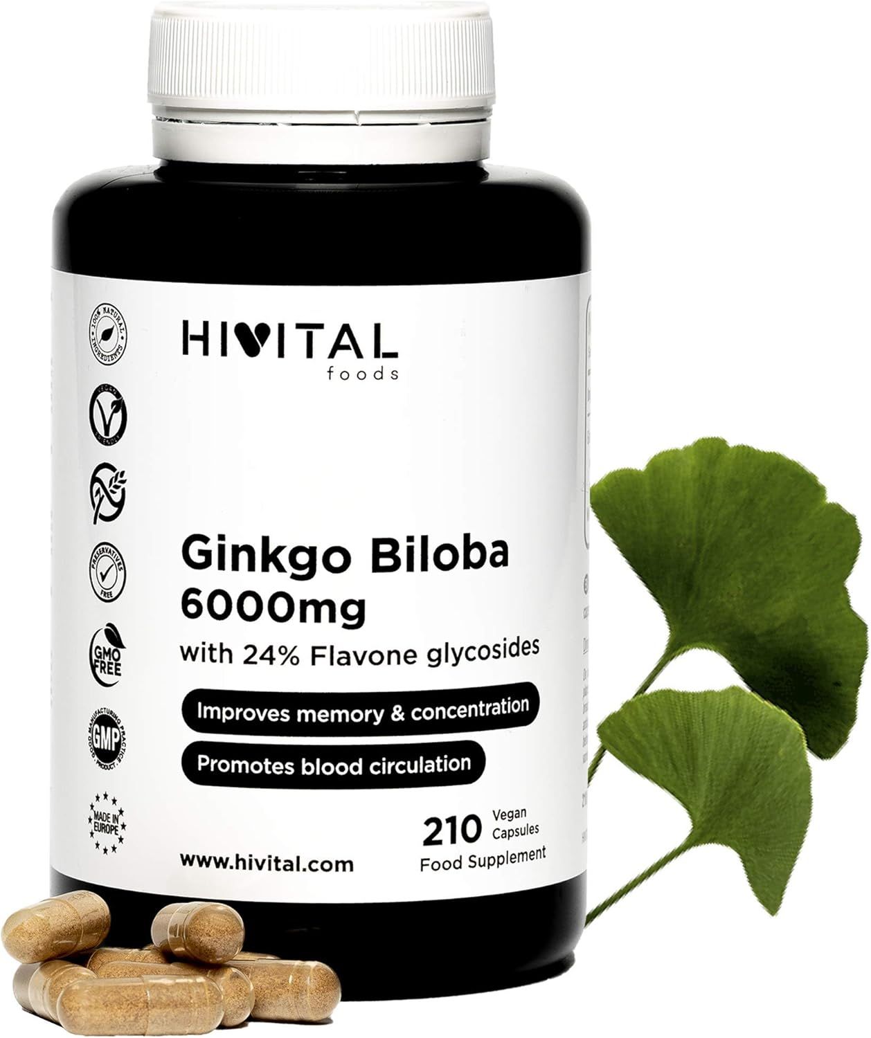 Schwarze Flasche mit HIVITAL Ginkgo Biloba 6000mg Kapseln. Vegan, glutenfrei, GMO-frei. Ginkgo-Blatt daneben.
