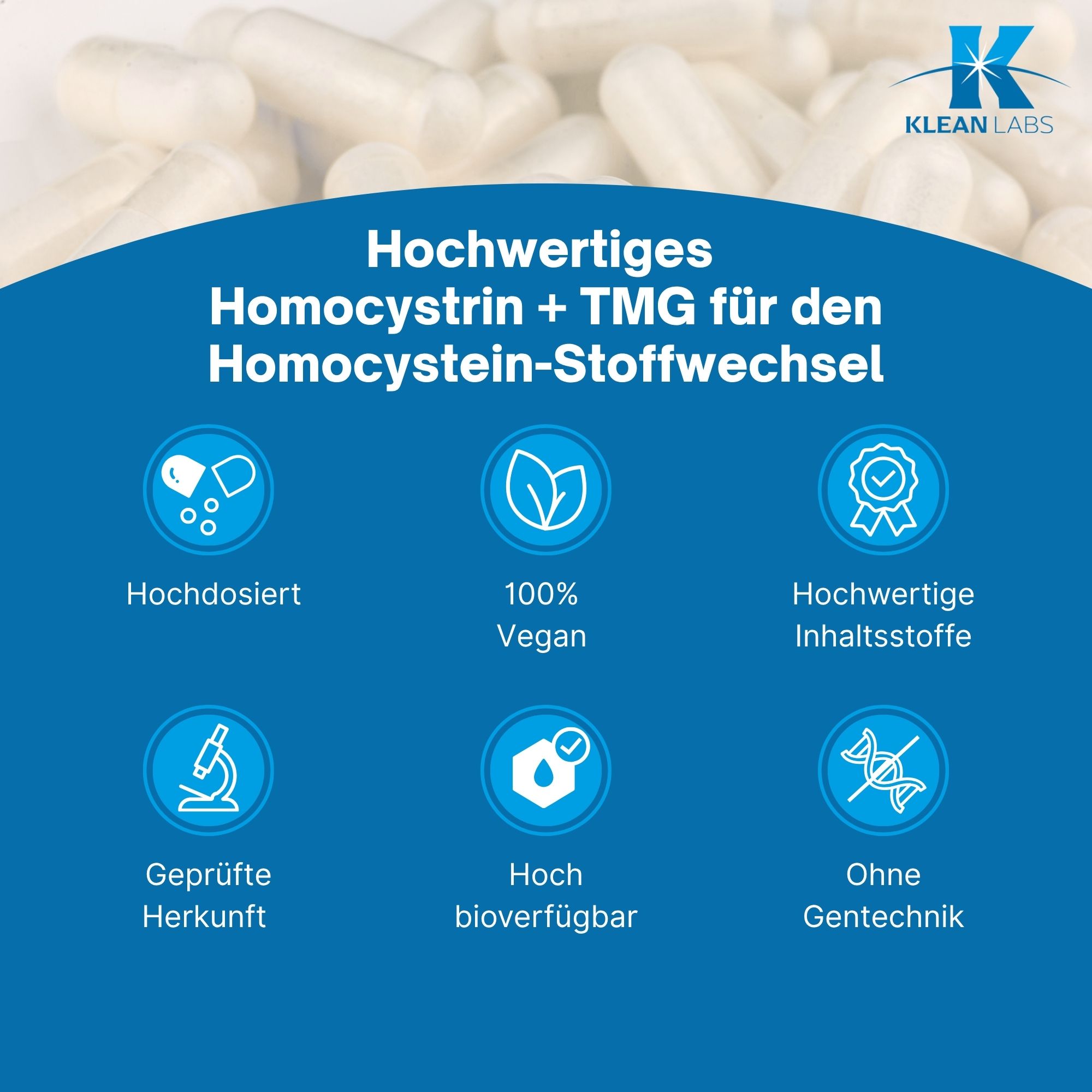 Blauer Hintergrund mit Kapseln. Text: Hochwertiges Homocystrin + TMG für den Homocystein-Stoffwechsel. Symbole und Text.