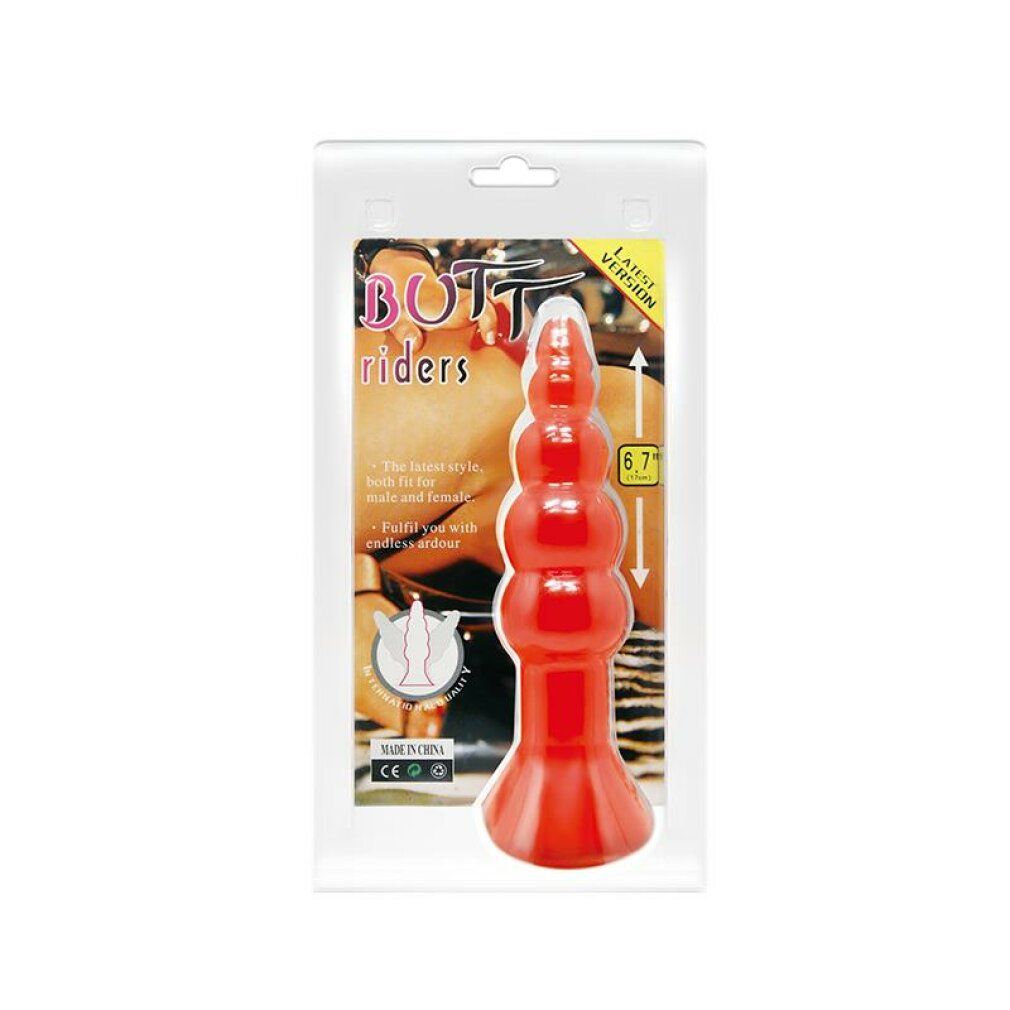 Roter, bulbös geformter Analplug in Verpackung. Produktname 'BUTT riders'. Abgebildet ist eine Frau.