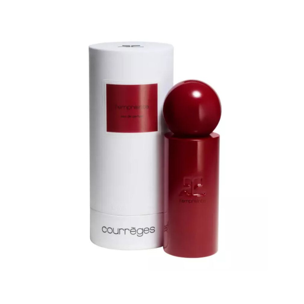 Roter Parfumflakon und weiße Verpackung. Flakon mit rundem Deckel. Verpackung mit rotem Etikett und Markenname. "Courrèges" Schriftzug.