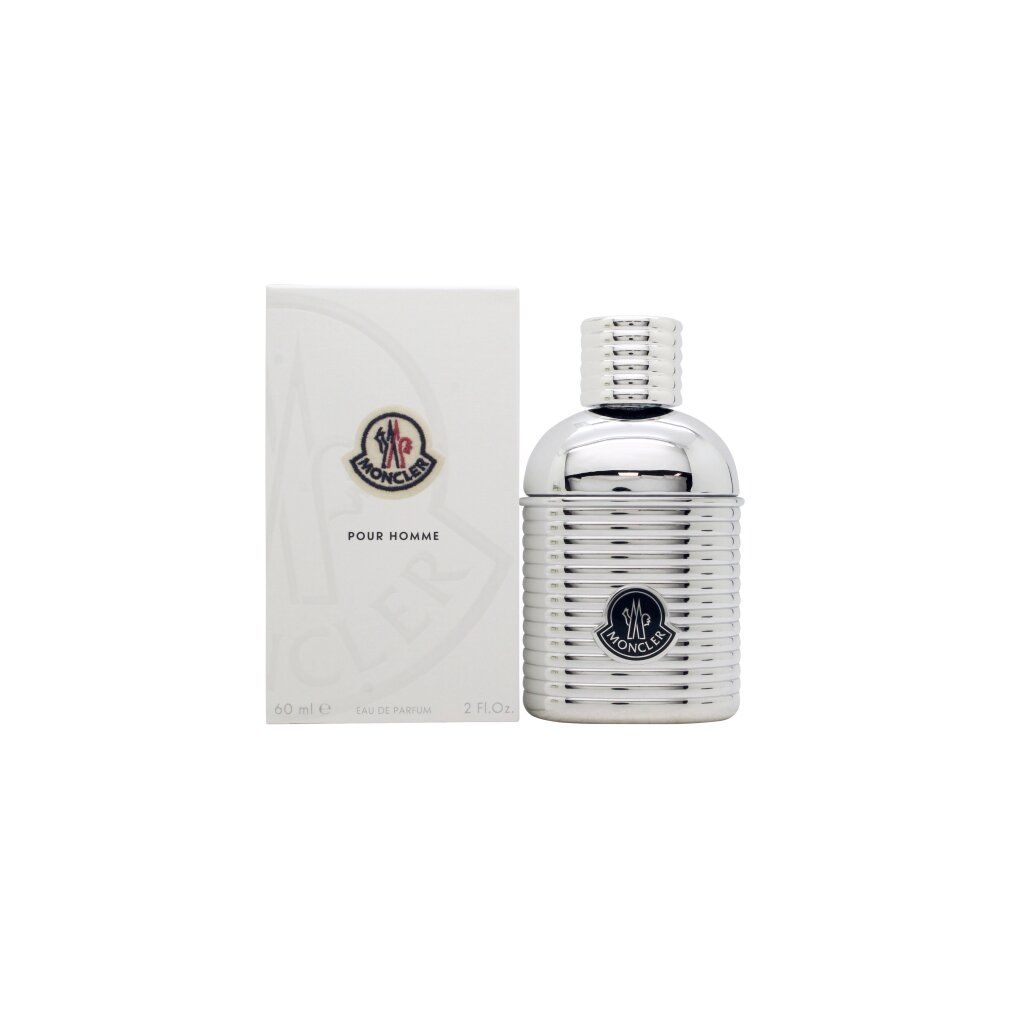 Silberfarbener Flakon und Verpackung. Moncler Pour Homme EDP. Logo und Schriftzug auf Flakon und Verpackung.