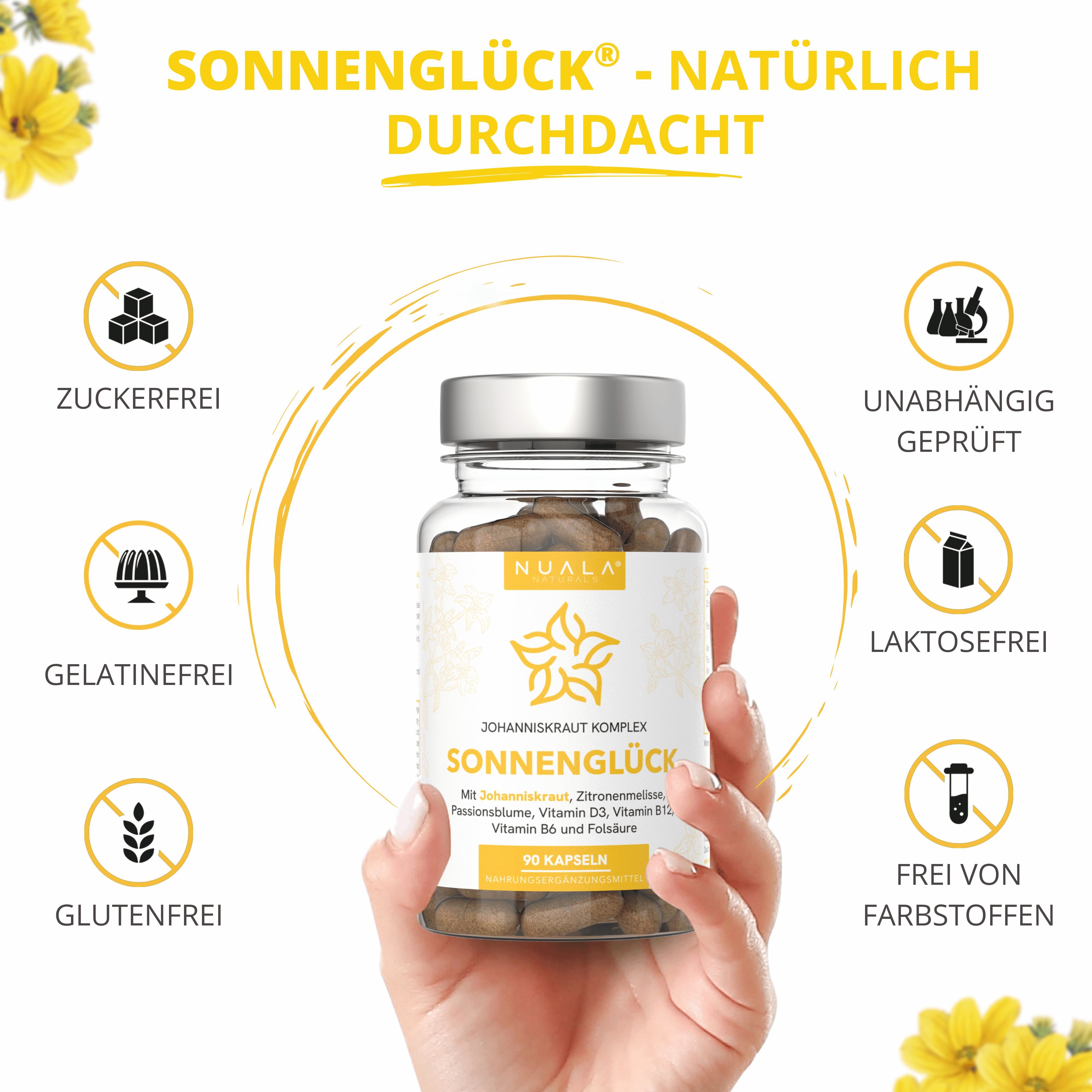 Produkt SONNENGLÜCK, Kapseln in Glas, Text: NUALA, Johanniskraut Komplex, 90 Kapseln, zuckerfrei, gelatinefrei, glutenfrei, laktosefrei, farbstofffrei.