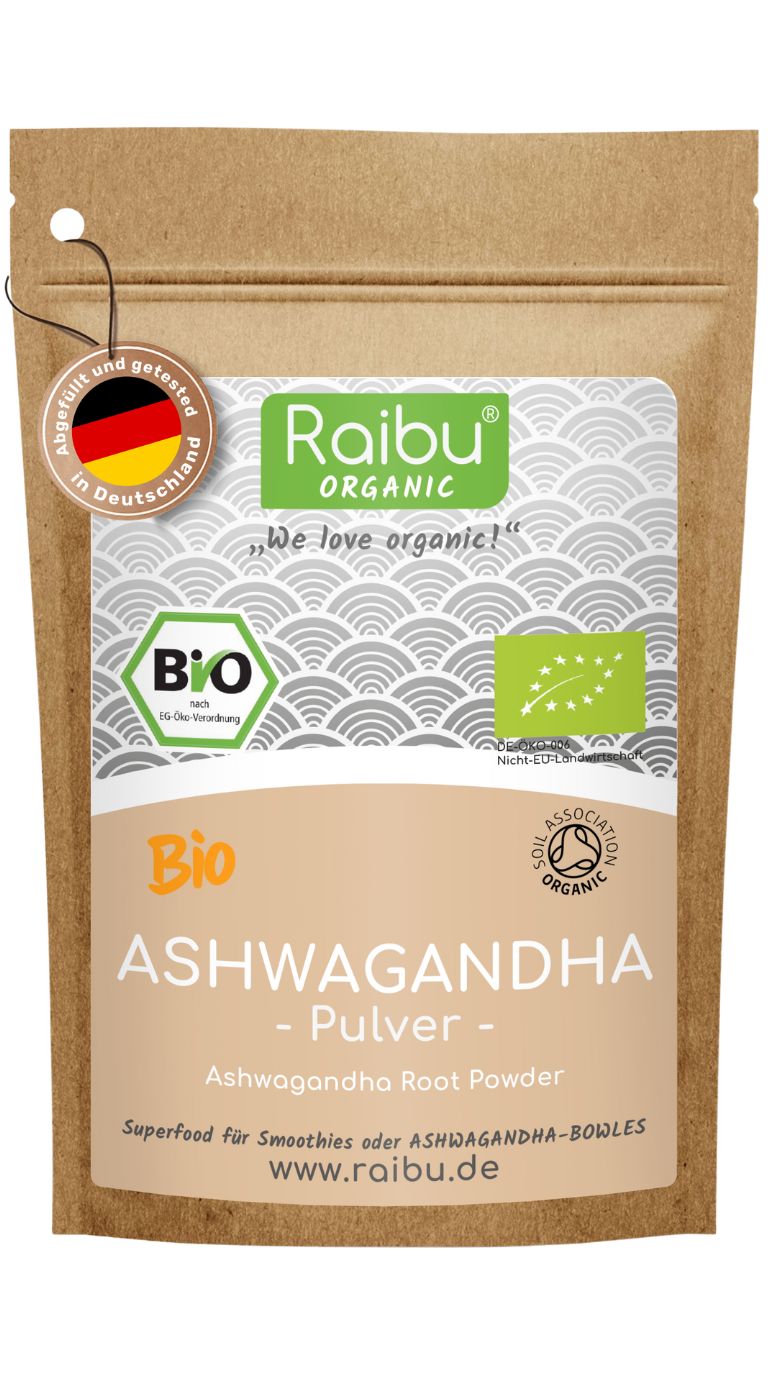 Braune Tüte mit Aufdruck. BIO Ashwagandha Pulver. Siegel: BIO, EU-Bio-Logo, Raibu Organic.