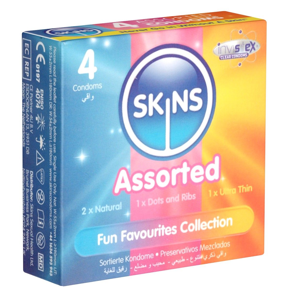 Verpackung mit SKINS Assorted Kondomen. Enthält 4 Kondome, darunter Natural, Dots and Ribs und Ultra Thin. Mehrsprachige Beschriftung.