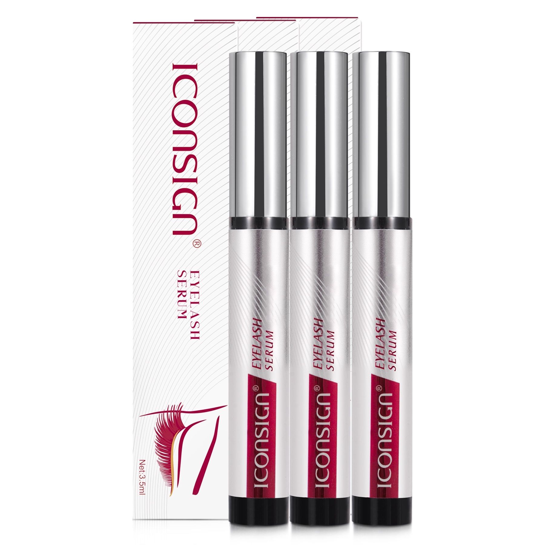 Drei Flaschen Eyelash Serum mit Verpackung. Aufschrift: ICONSIGN, Eyelash Serum.