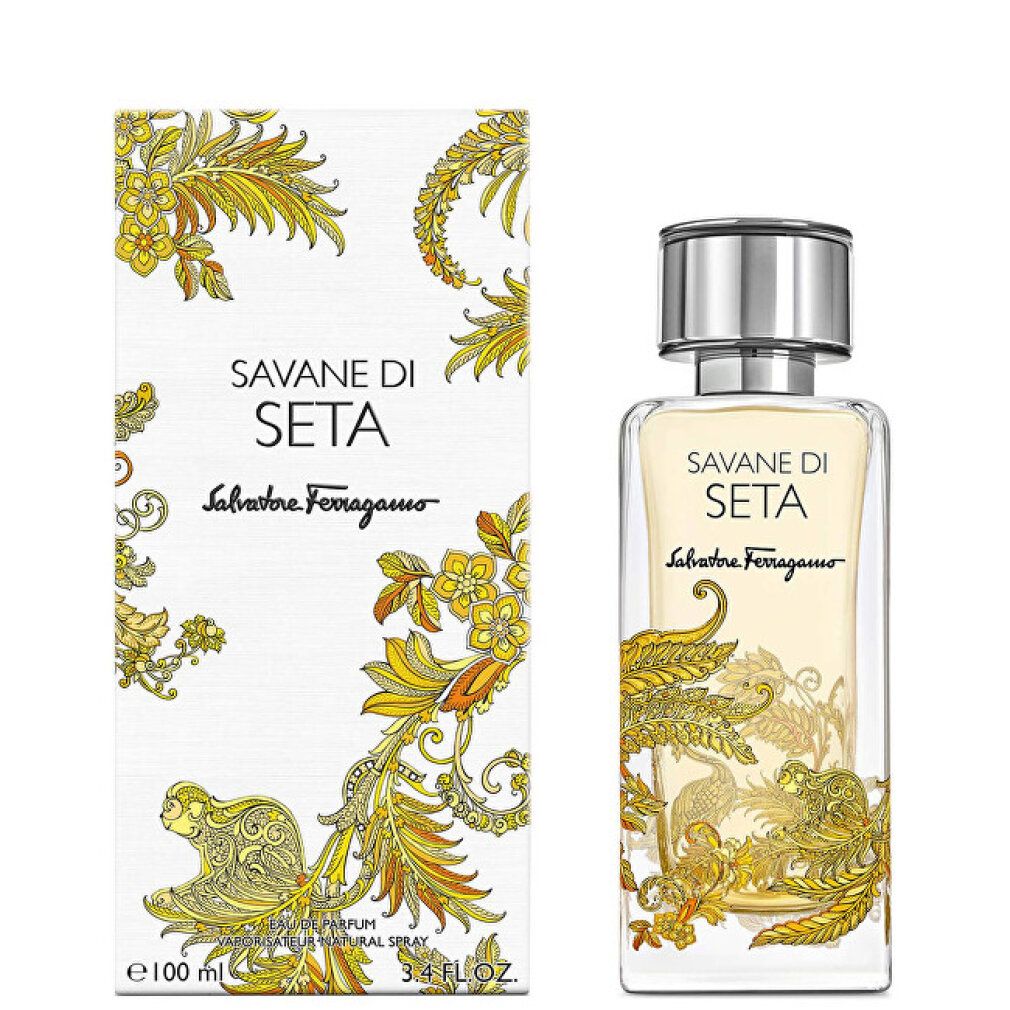 Parfümflakon und Verpackung. Aufschrift: Savane Di Seta, Salvatore Ferragamo. Goldene Verzierungen. 100 ml.