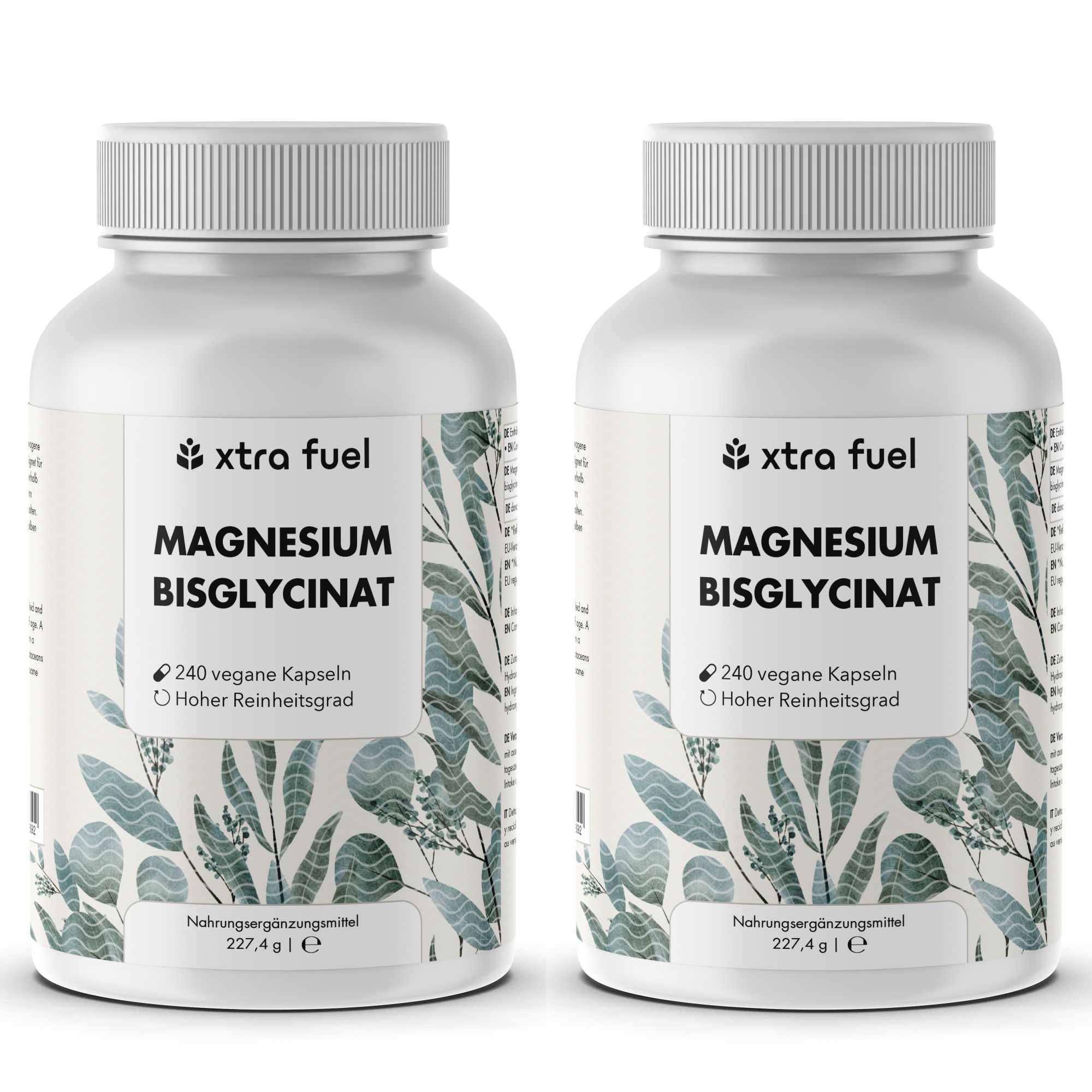 Zwei weiße Flaschen mit Kapseln. Aufschrift: Magnesium Bisglycinat. 240 vegane Kapseln. Hoher Reinheitsgrad.