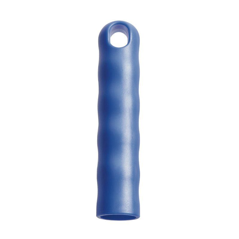 Blaue Griffkappe mit Rillen und Aufhängeloch.