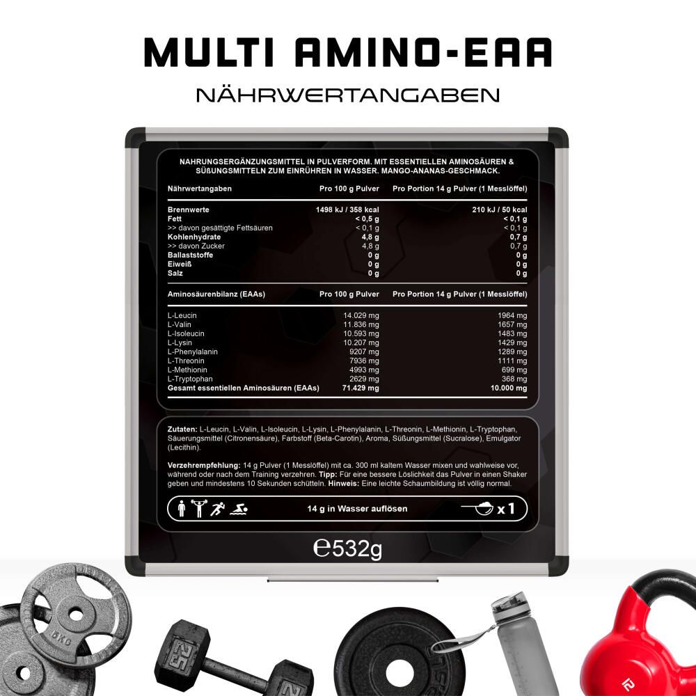 Nährwertangaben für Multi Amino EAA. Pro 100g und pro Portion (14g). Enthält Aminosäuren und weitere Inhaltsstoffe.