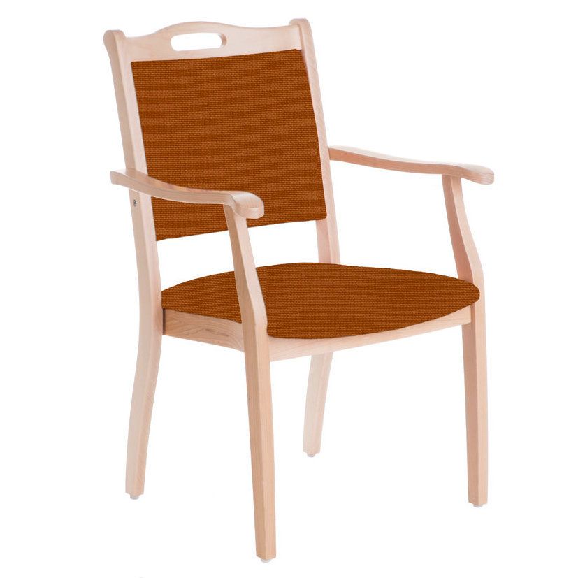 Seniorenstuhl Sabine Armlehnenstuhl. Holzrahmen, orangefarbener Stoffbezug, Armlehnen.