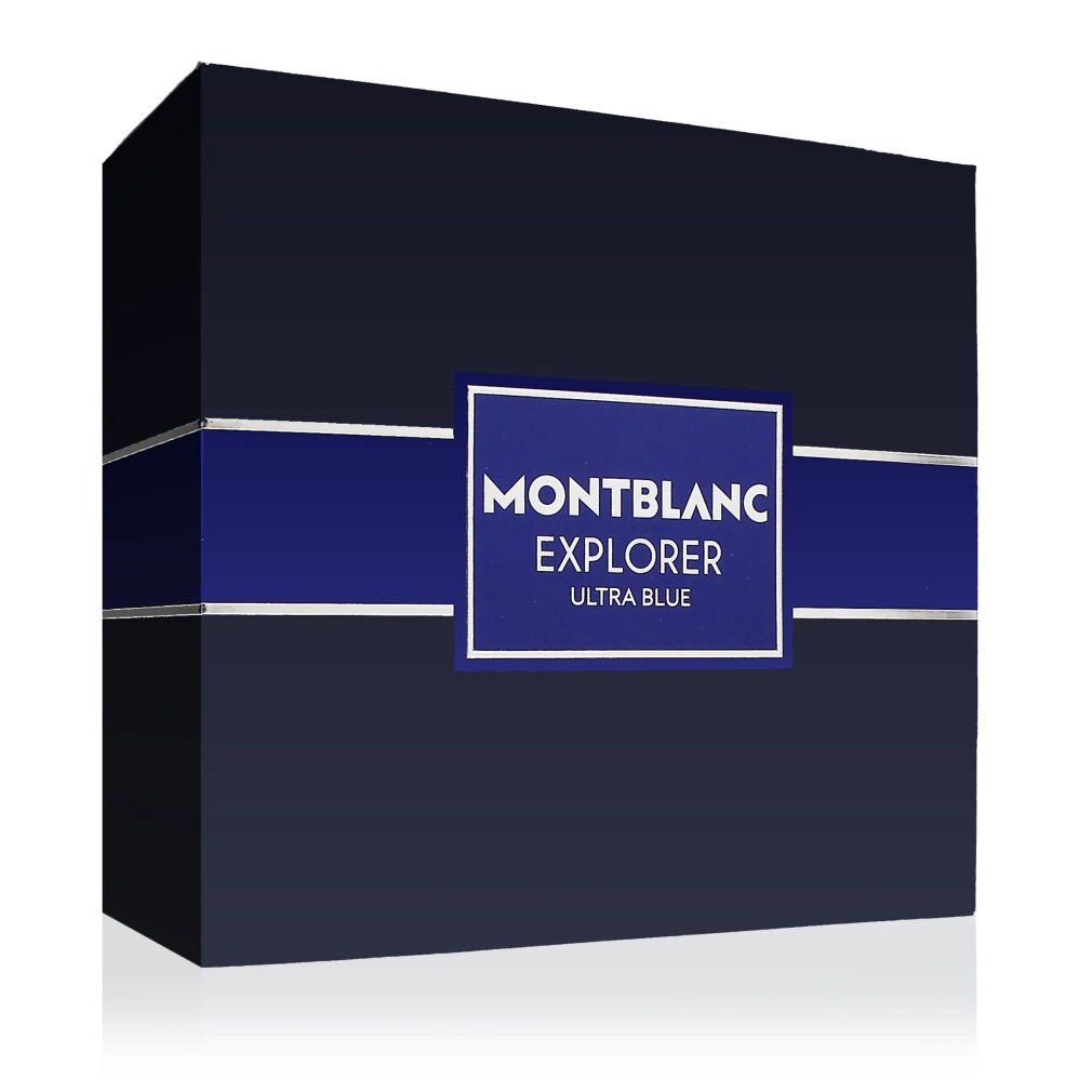 Blaue Geschenkbox mit silbernem Streifen. Text: Montblanc Explorer Ultra Blue.