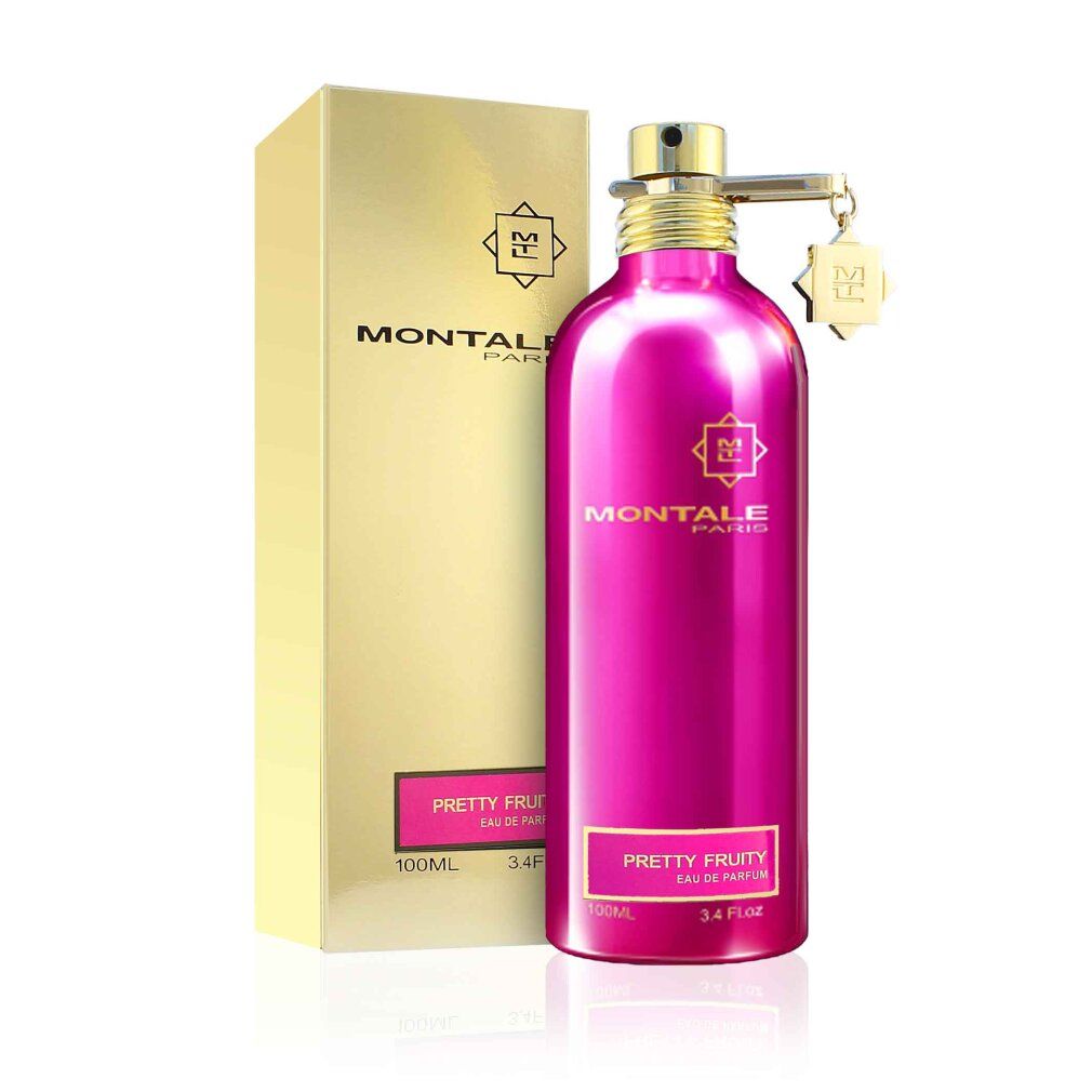 Rosa Flakon und goldene Verpackung. Aufschrift: MONTALE PARIS, PRETTY FRUITY. Anhänger mit Logo.