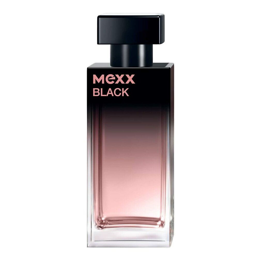 Mexx Black Woman Eau de Toilette Flakon. Schwarze rechteckige Flasche mit rosa Farbverlauf. Schwarzer Verschluss. Klarer Glasboden.