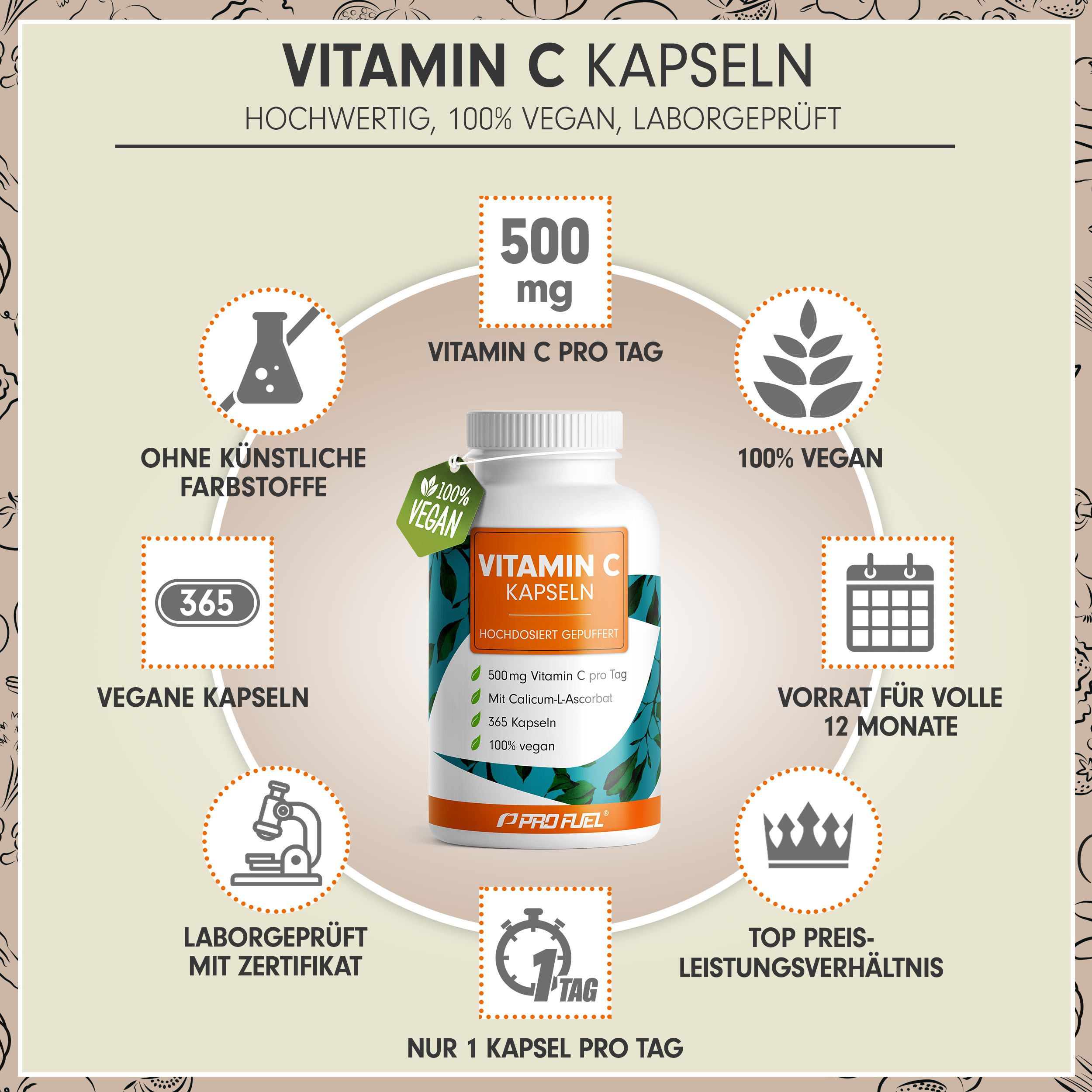Vitamin C Kapseln Flasche, umgeben von Icons. Text: 500 mg Vitamin C pro Tag, 100% vegan, 365 Kapseln, laborgeprüft. Marke: ProFuel.