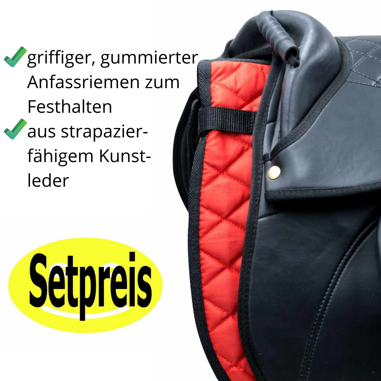 Nahaufnahme eines schwarzen Sattels mit roter Unterlage. Text: 'Setpreis'.