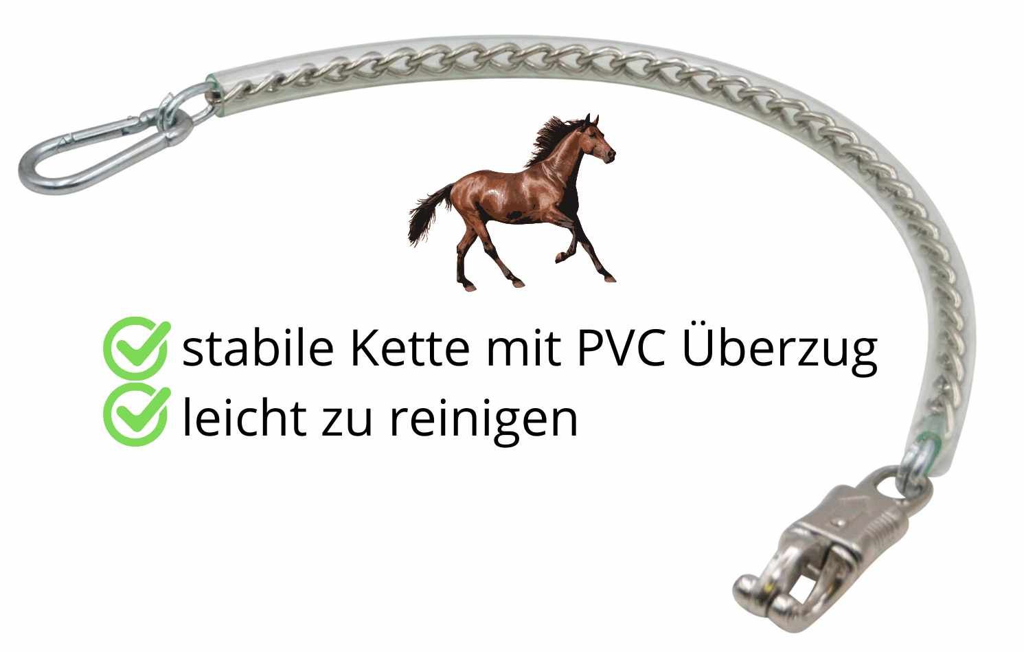 Kette mit PVC-Überzug, leicht zu reinigen. Mit Karabinerhaken und Panikhaken. Abbildung eines Pferdes.