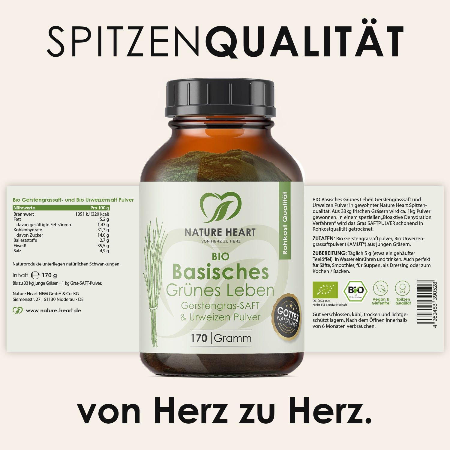 Flasche Nature Heart BIO Basisches Grünes Leben mit Etikett und Siegeln (Bio, Öko-Kontrolle). "Spitzenqualität von Herz zu Herz."