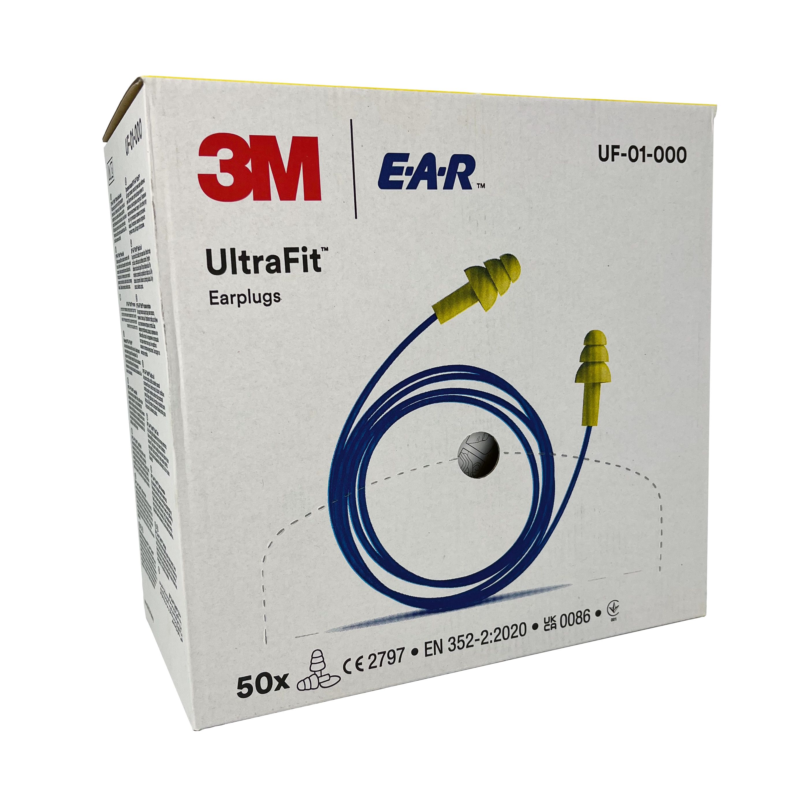 Gehörschutzstöpsel mit Kordel in Schachtel. Gelbe Stöpsel, blaue Kordel. 3M E-A-R UltraFit. Aufdrucke: 50x, CE-Zeichen, EN 352-2:2020.