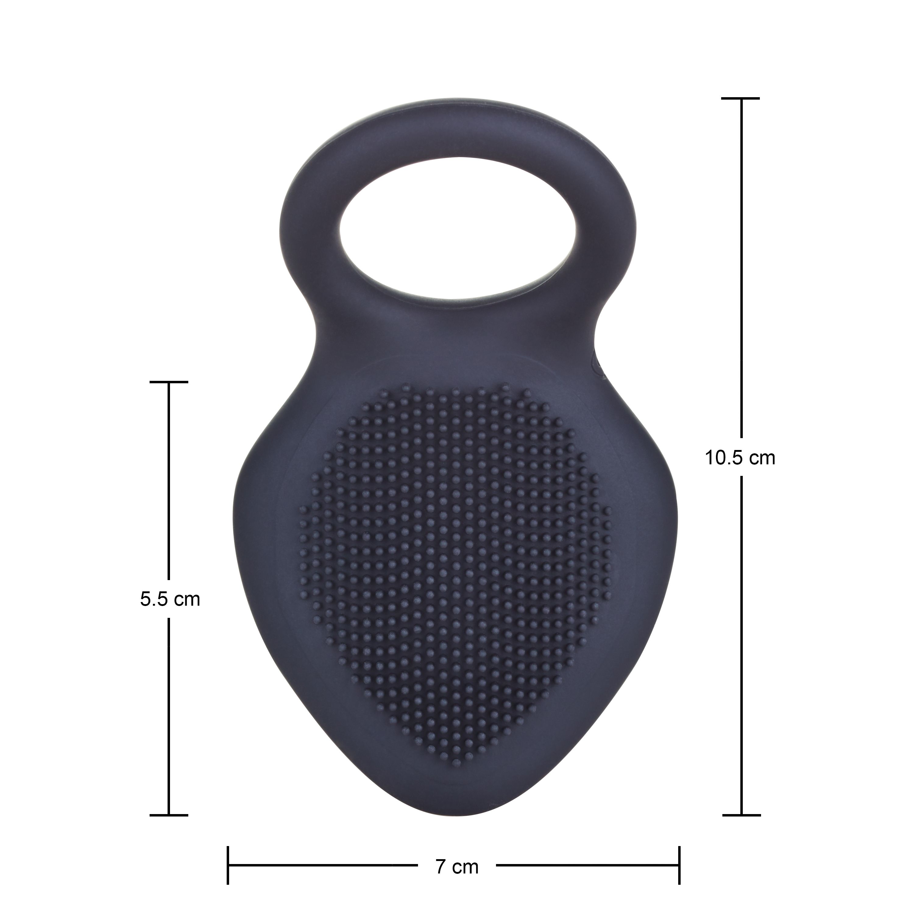 Dunkelgraues Wellness-Produkt mit Griff und strukturierter Oberfläche. Abmessungen: 10,5 x 7 x 5,5 cm.