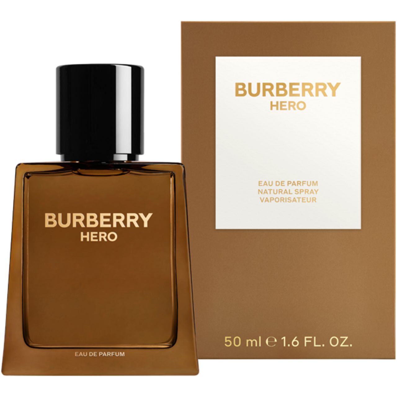 Burberry Hero E.d.P. Nat. Spray und Verpackung. Braune Flasche, schwarzer Deckel. Goldener Schriftzug. Braune Verpackung.