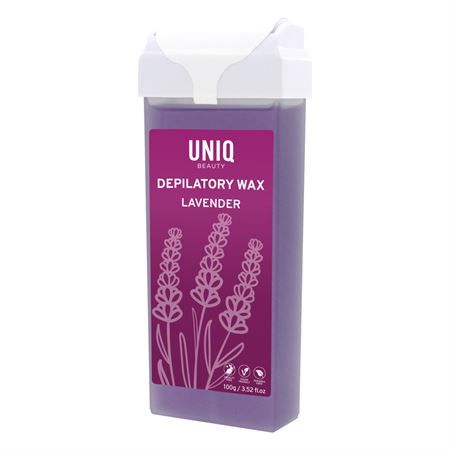 UNIQ BEAUTY Depilatory Wax Lavendel in 100g/3.52oz Kartusche mit Lavendelmotiv.