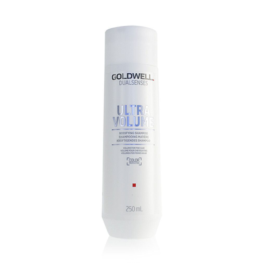 Weiße Flasche mit Goldwell Dualsenses Ultra Volume Bodifying Shampoo. Text und Logo in Blau und Schwarz. 250 ml.