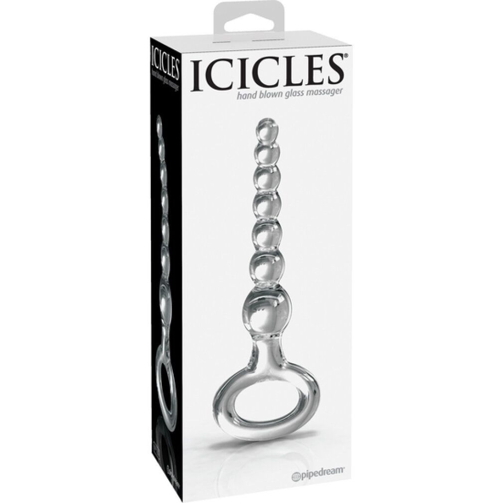 Produkt in Verpackung. Glas-Analkugelkette mit ovalem Griff und Kugeln. Marke ICICLES. Schwarzer und weißer Karton.