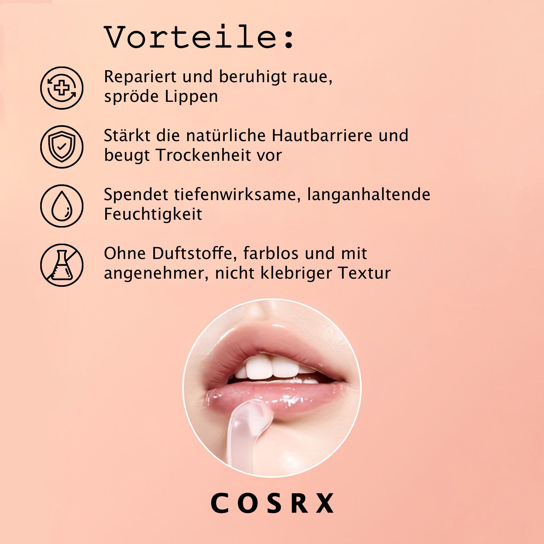 Lippen mit Produkt. Text: Repariert, beruhigt, stärkt die Hautbarriere, spendet Feuchtigkeit. Ohne Duftstoffe. COSRX.