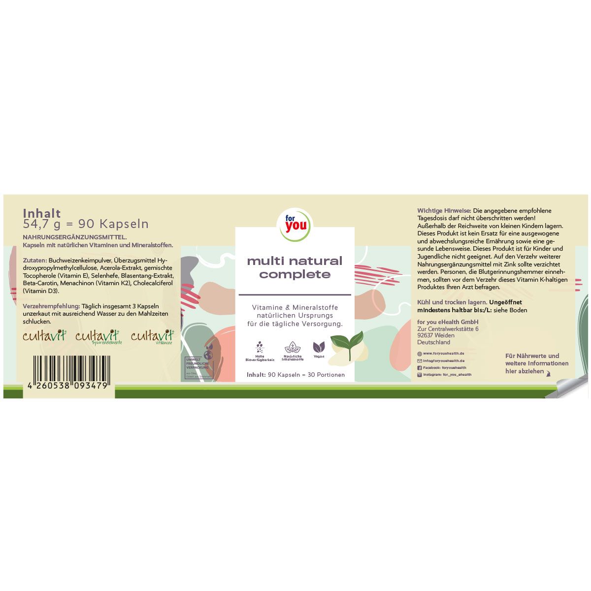 Verpackung mit Aufschrift: for you multi natural complete. Enthält Nährwertangaben und Inhaltsstoffe.