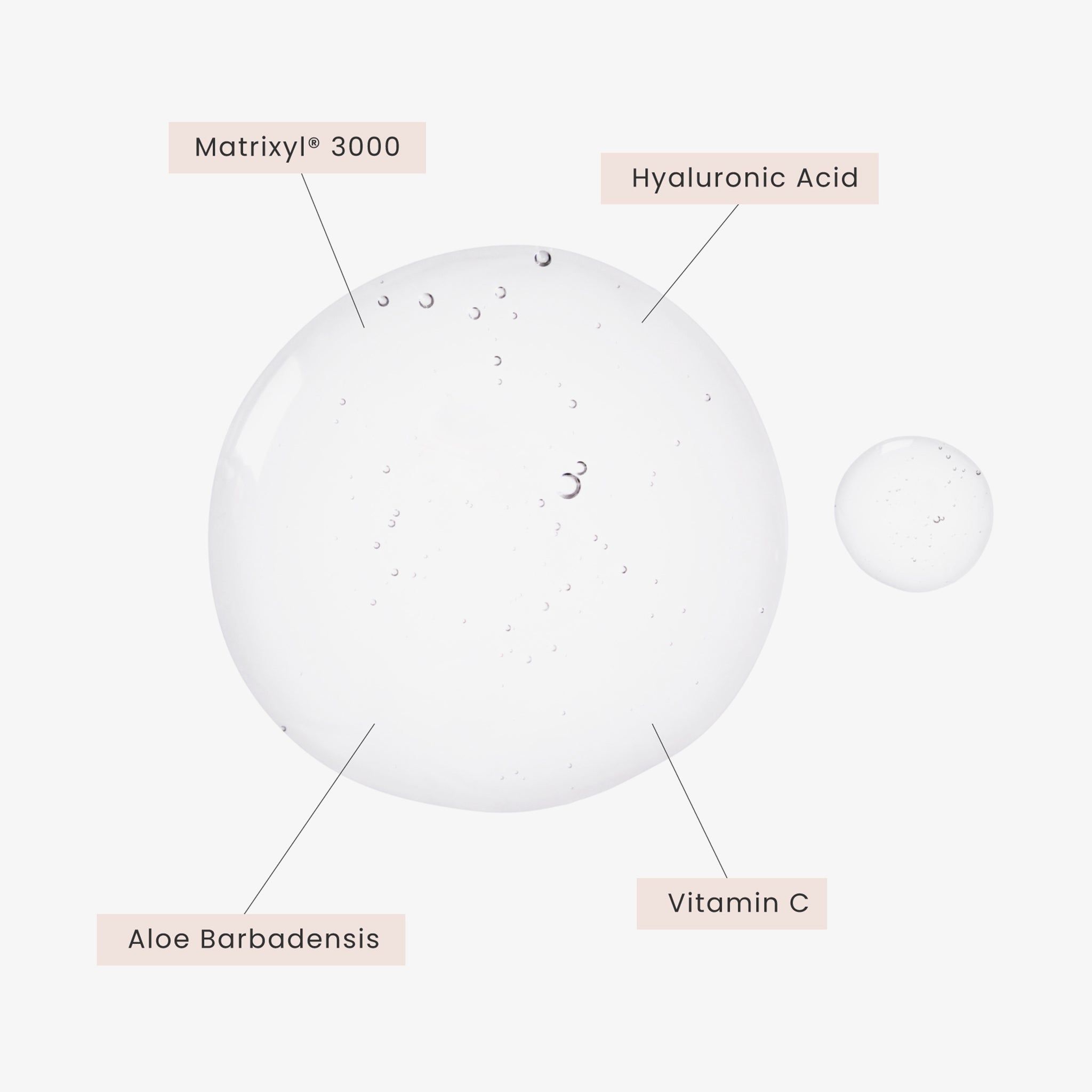 Nahaufnahme von Serumtropfen. Beschriftung: Matrixyl 3000, Hyaluronsäure, Aloe Barbadensis, Vitamin C. Transparente Flüssigkeit.