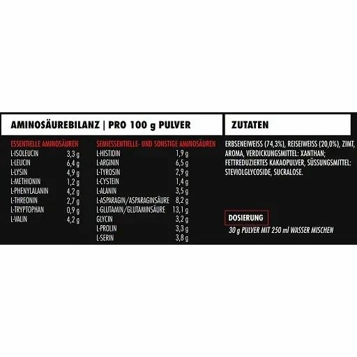 Nährwerttabelle mit Aminosäuren und Zutaten. Dosierung: 30g Pulver mit 250ml Wasser mischen.