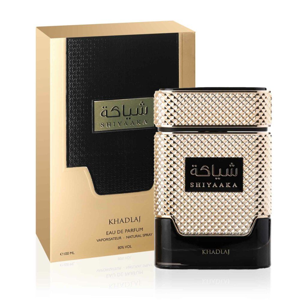 Goldfarbener Flakon und Verpackung. Aufschrift: Shiyaaka, Khadlaj. Geometrisches Muster. Text: Eau de Parfum, 100 ml.