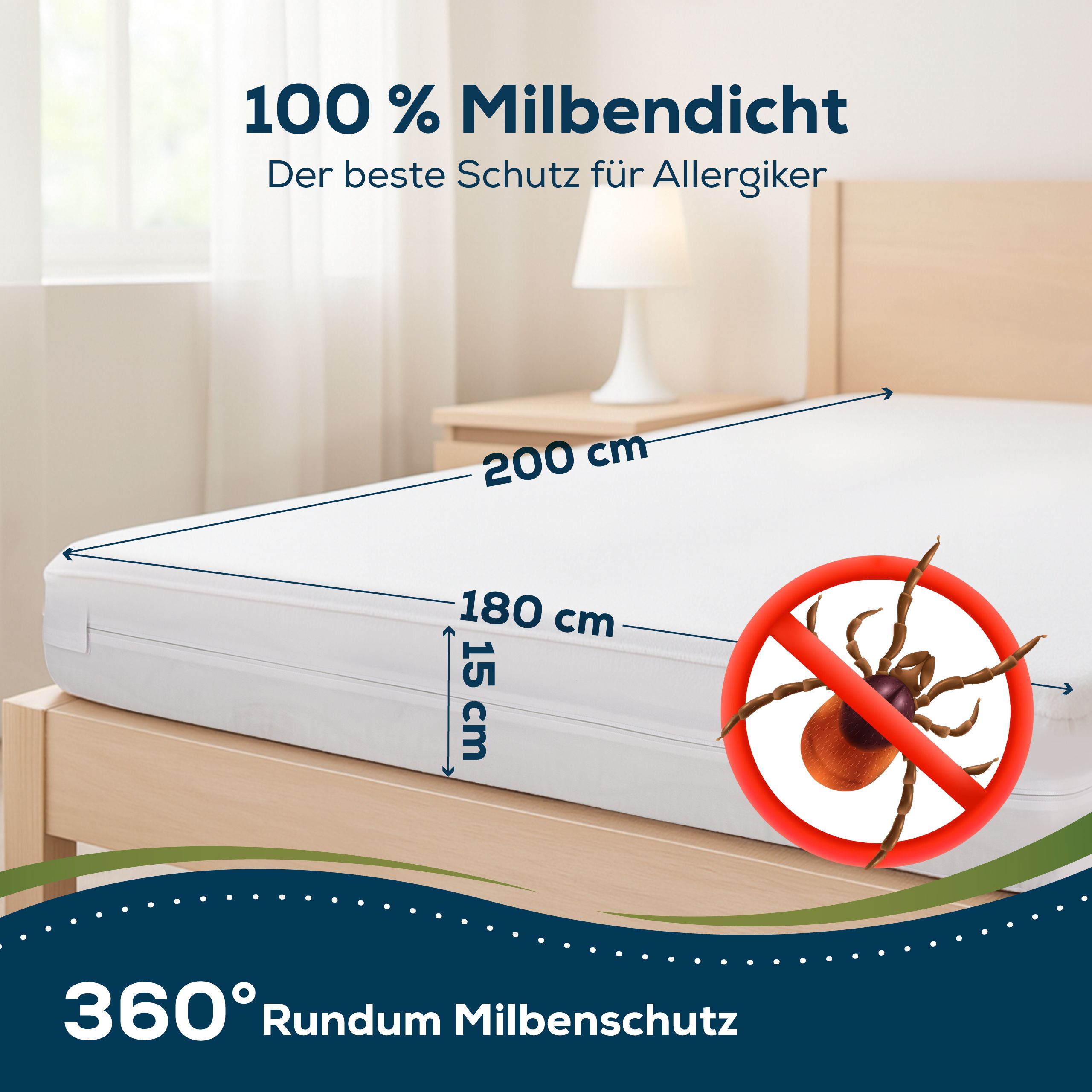 Matratzenbezug, weiß, mit Maßangaben. 100% milbendicht. Abbildung eines Zeichens für Milben.
