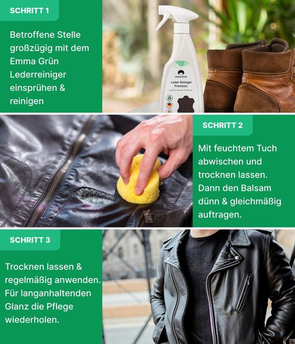 Anwendungsschritte: Einsprühen, abwischen, trocknen lassen. Mit Lederjacke, Reiniger, Tuch und Balsam.