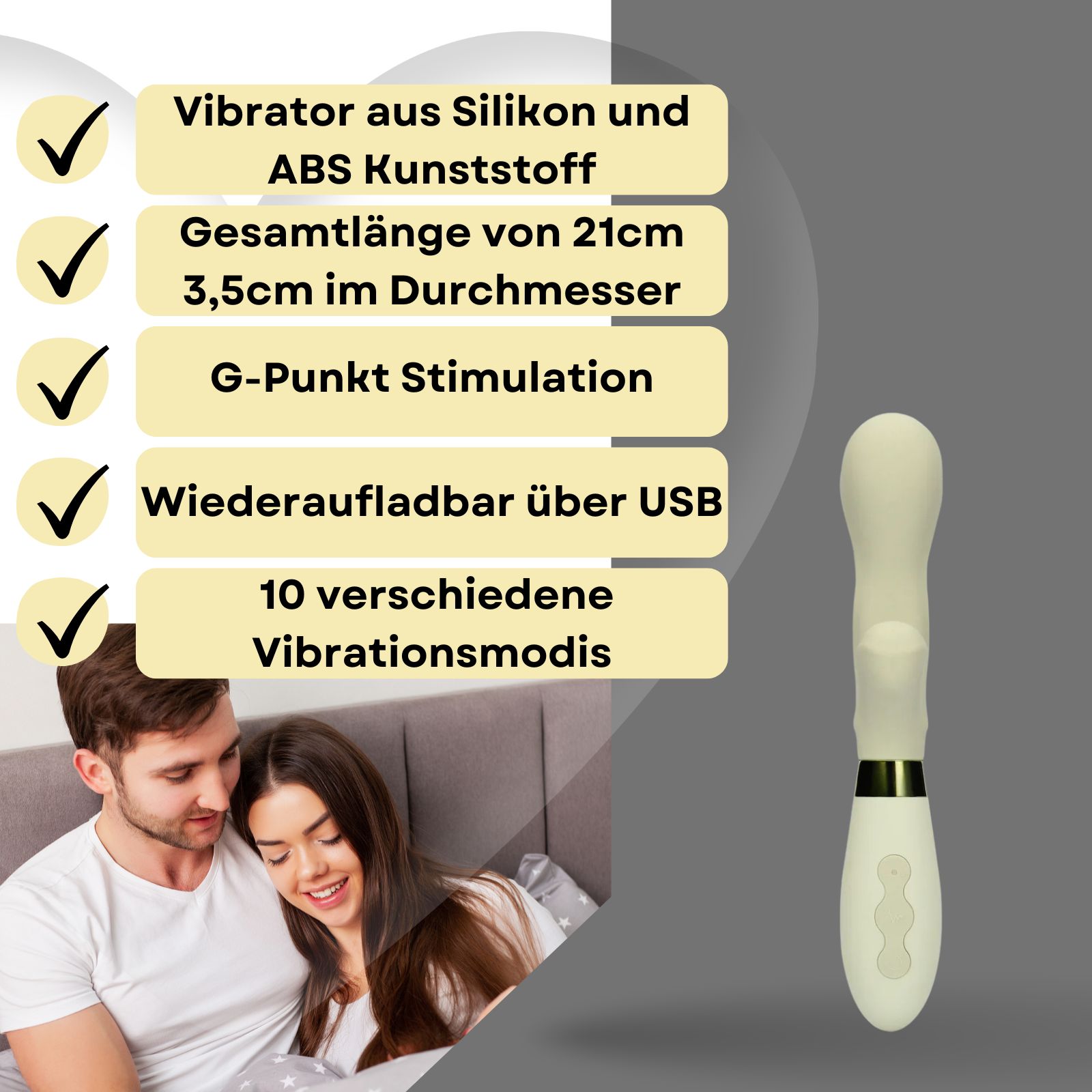 Hellgrüner Vibrator. Text: Silikon und ABS, für G-Punkt-Stimulation. Paar im Hintergrund. Auf weißem Podest.